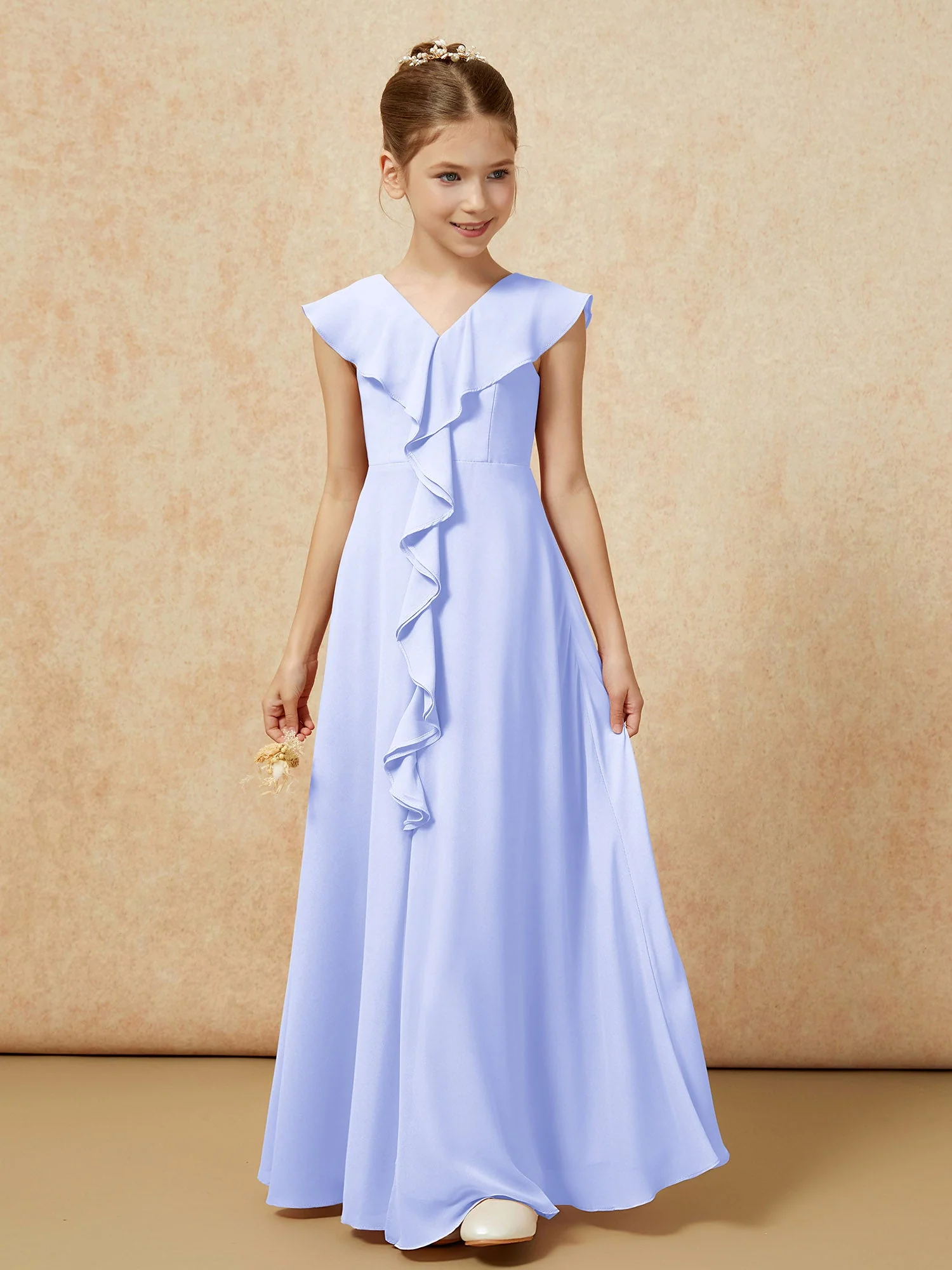 V-Ausschnitt Rüschen Chiffon Junge Brautjungfernkleider mit Schlitz Lavendel - Image 5