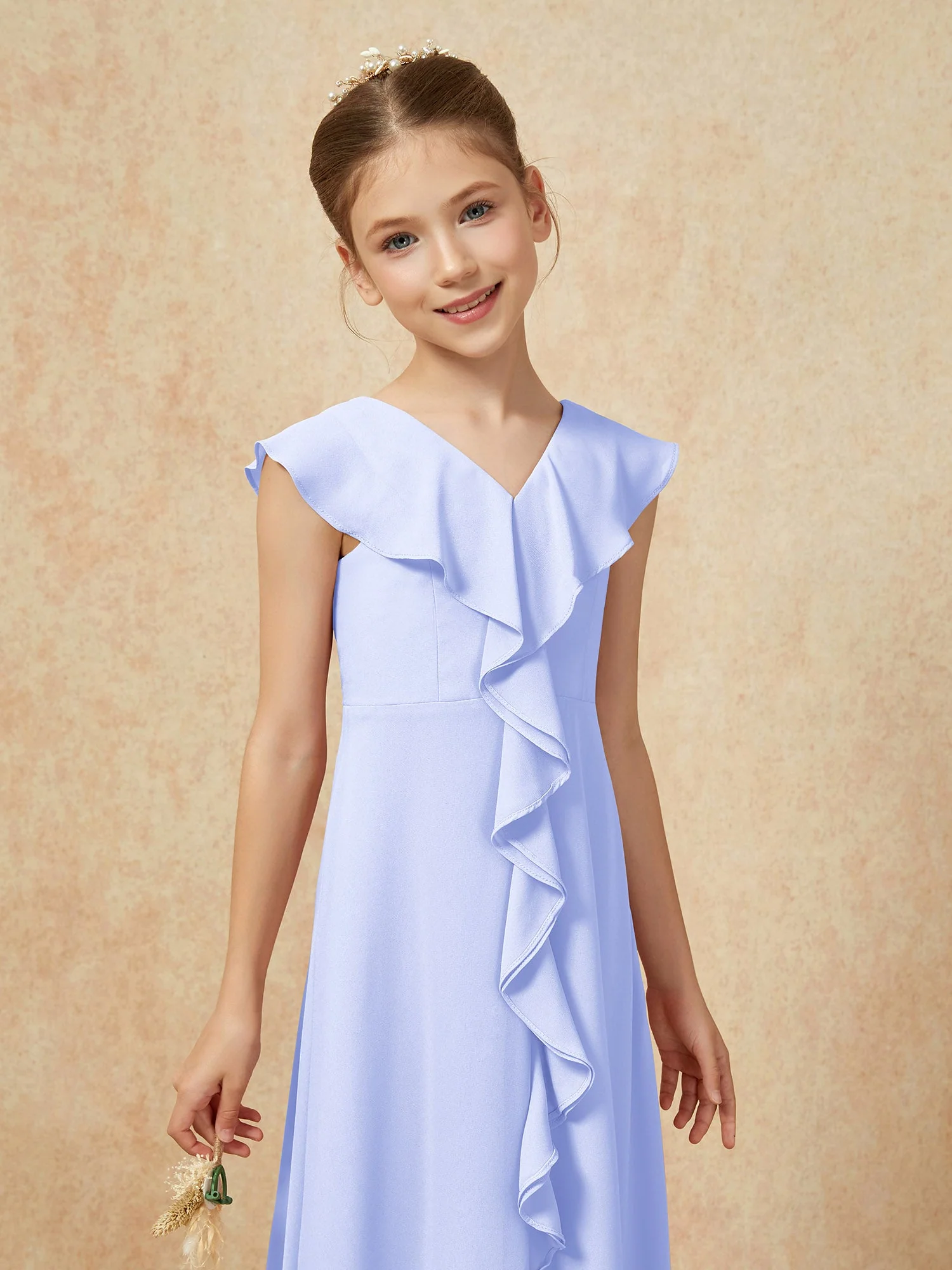 V-Ausschnitt Rüschen Chiffon Junge Brautjungfernkleider mit Schlitz Lavendel - Image 6
