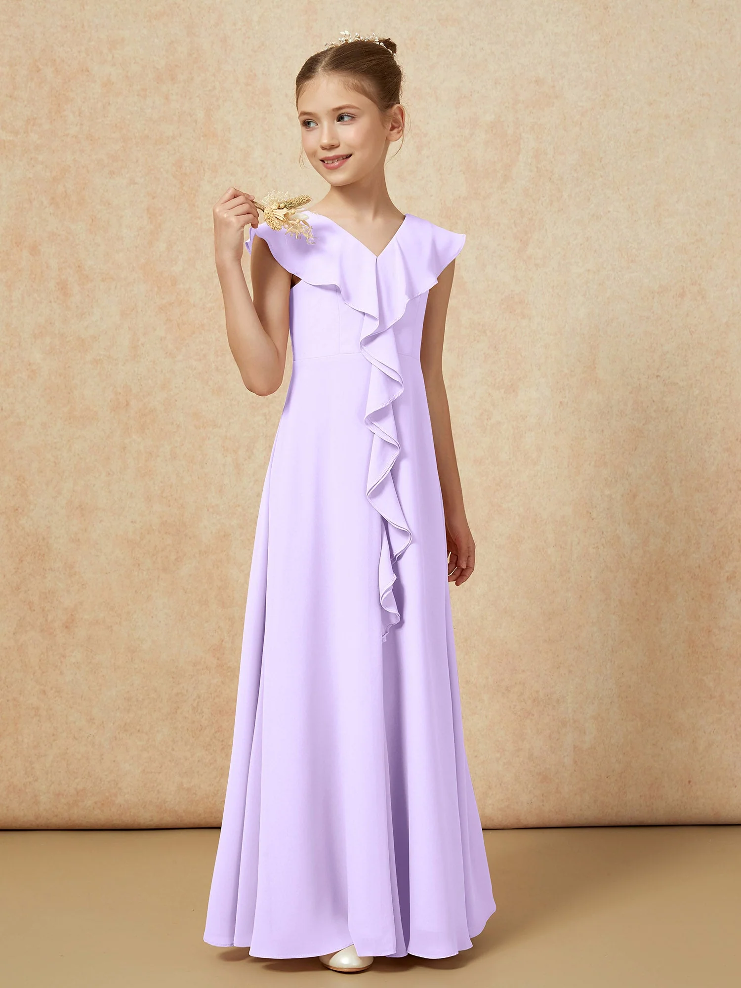 V-Ausschnitt Rüschen Chiffon Junge Brautjungfernkleider mit Schlitz Lila - Image 4