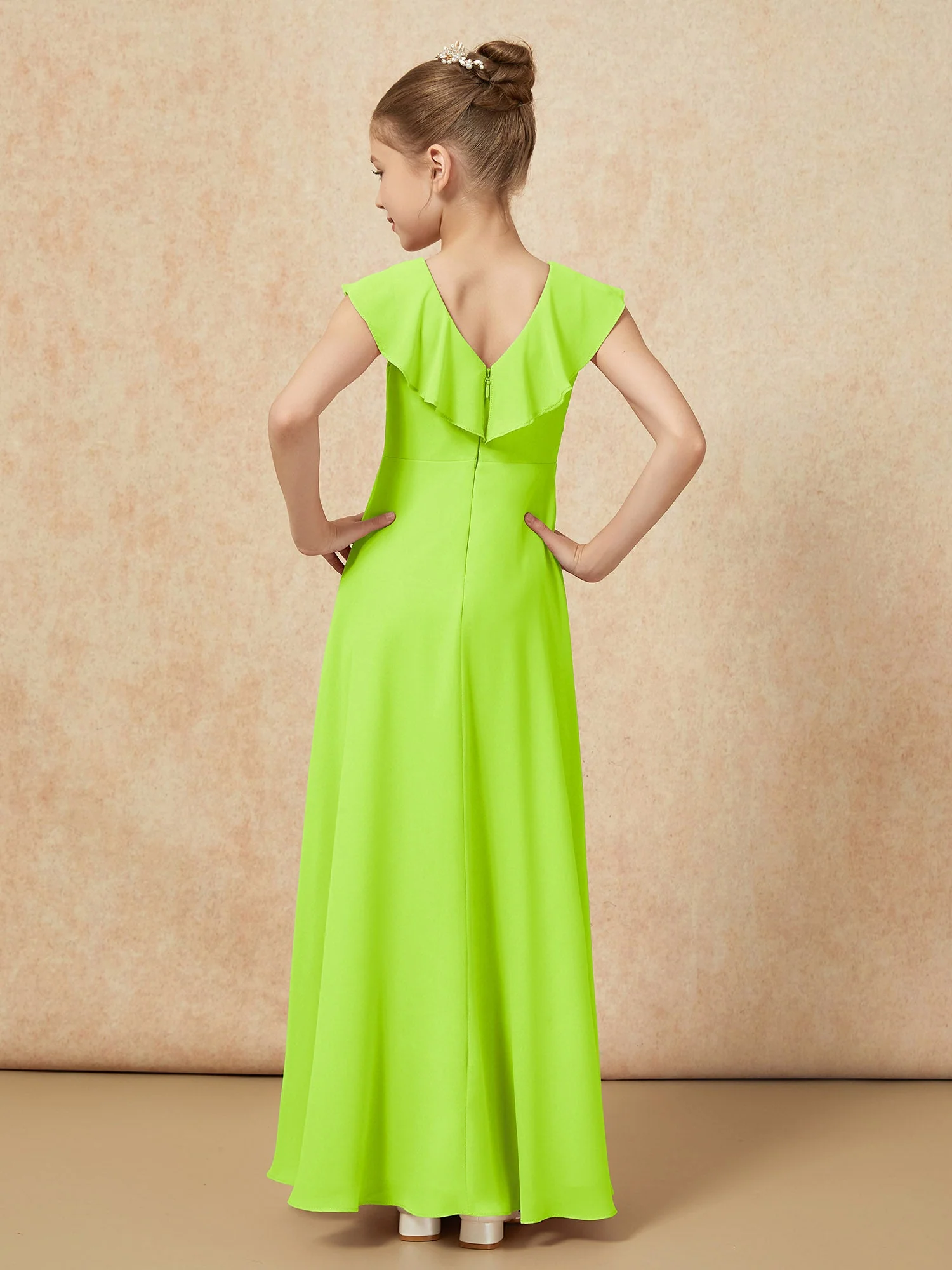V-Ausschnitt Rüschen Chiffon Junge Brautjungfernkleider mit Schlitz Lindgrün - Image 2