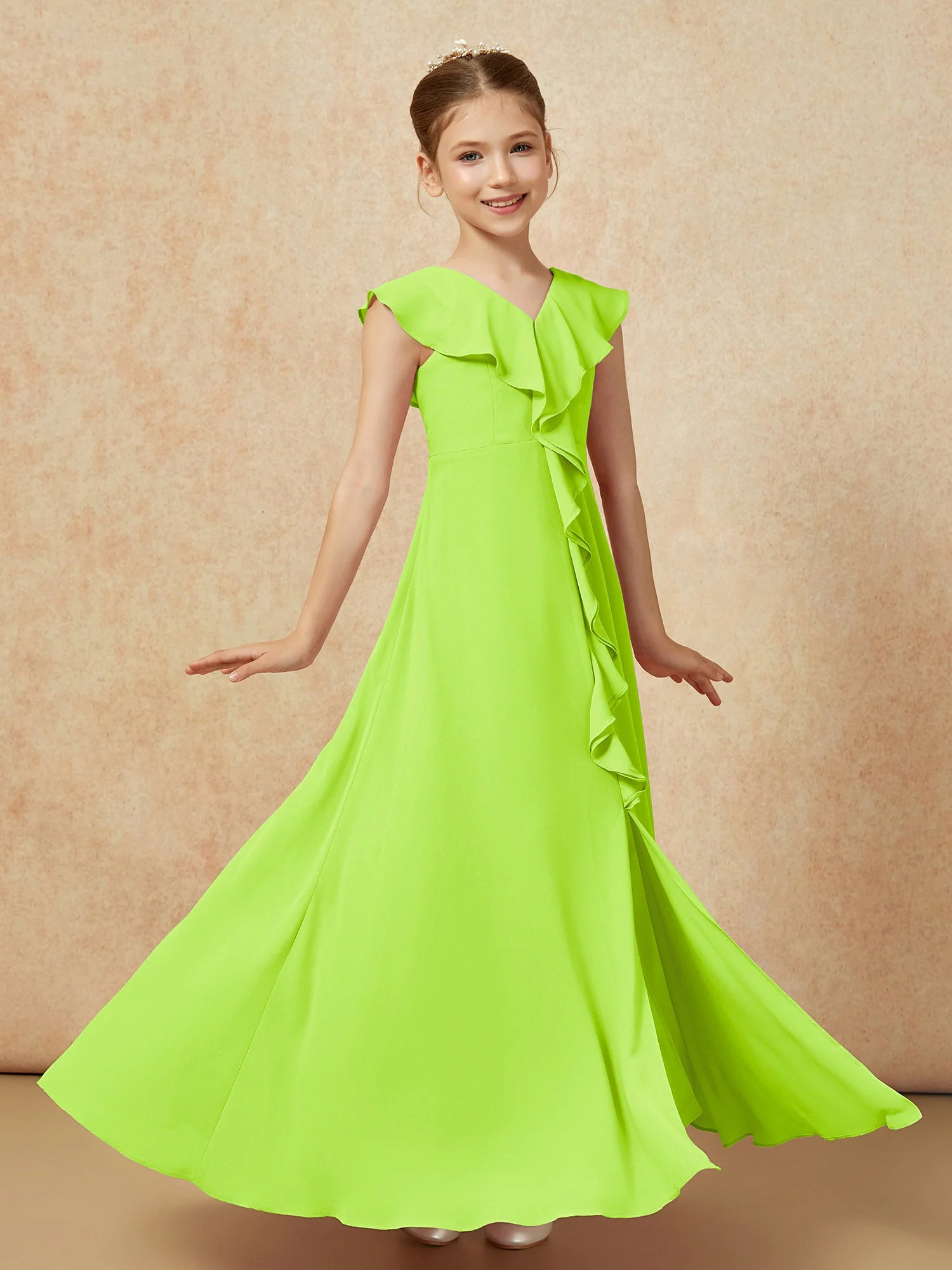 V-Ausschnitt Rüschen Chiffon Junge Brautjungfernkleider mit Schlitz Lindgrün - Image 3