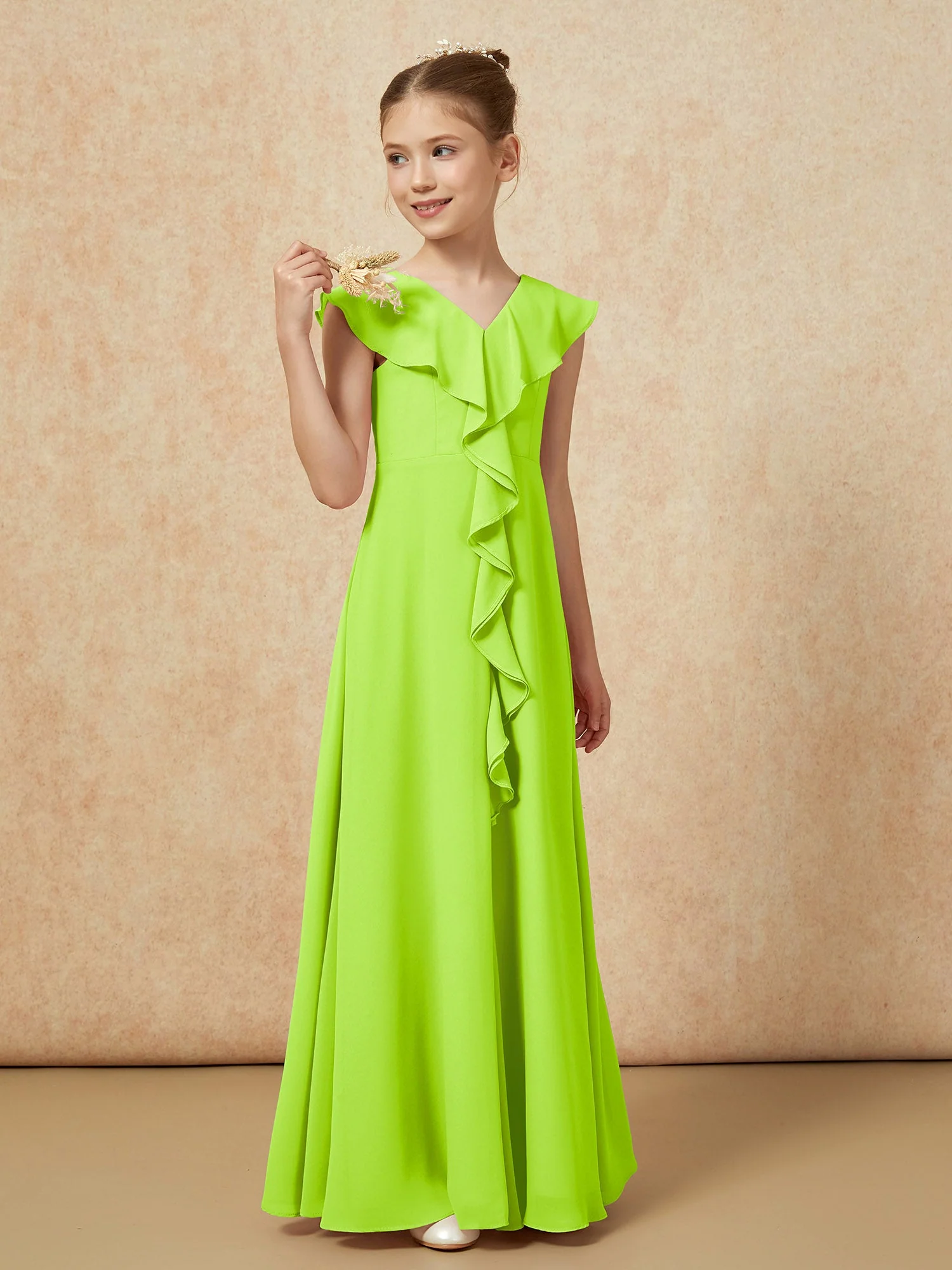 V-Ausschnitt Rüschen Chiffon Junge Brautjungfernkleider mit Schlitz Lindgrün - Image 4