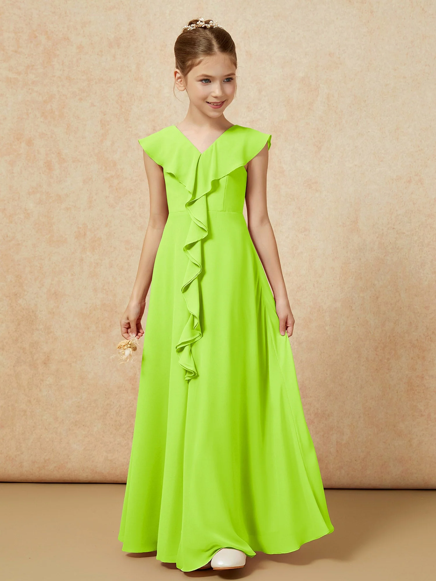 V-Ausschnitt Rüschen Chiffon Junge Brautjungfernkleider mit Schlitz Lindgrün - Image 5