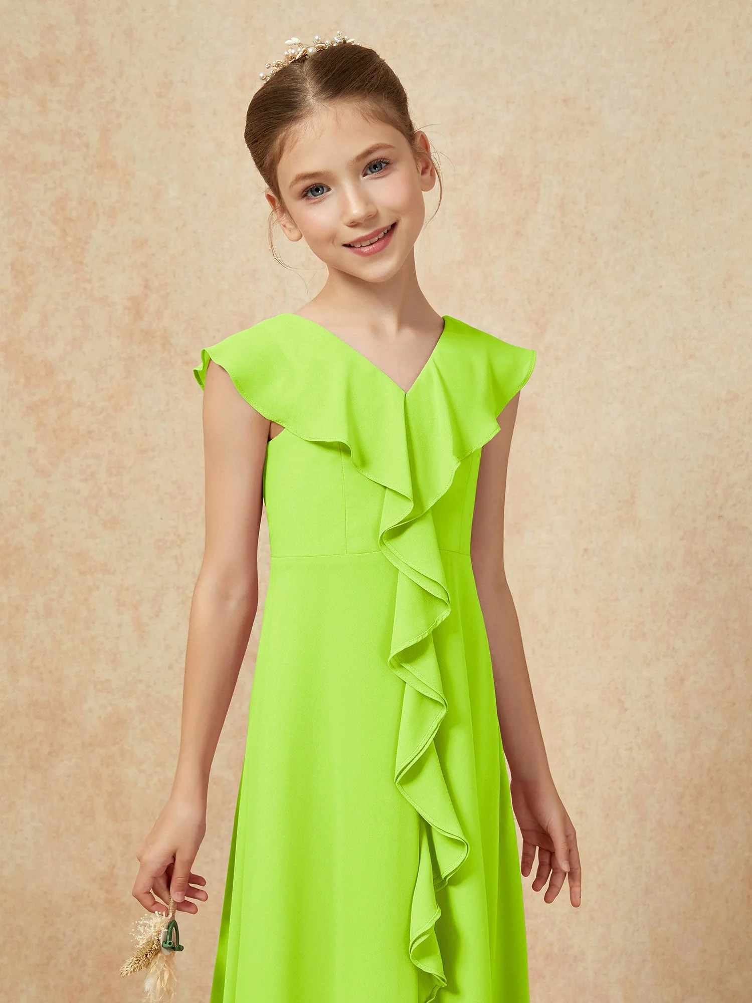 V-Ausschnitt Rüschen Chiffon Junge Brautjungfernkleider mit Schlitz Lindgrün - Image 6