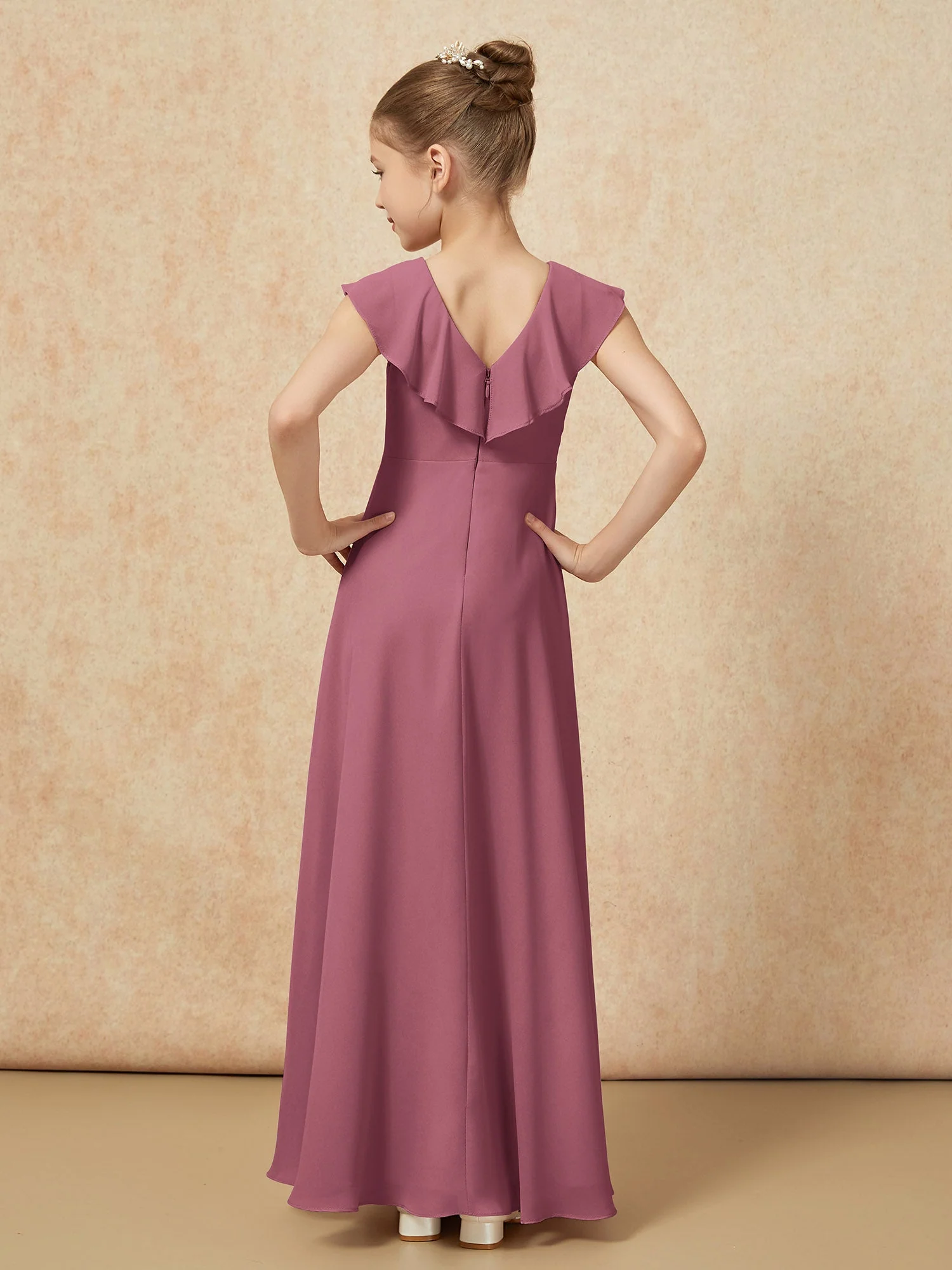 V-Ausschnitt Rüschen Chiffon Junge Brautjungfernkleider mit Schlitz Maulbeere - Image 2