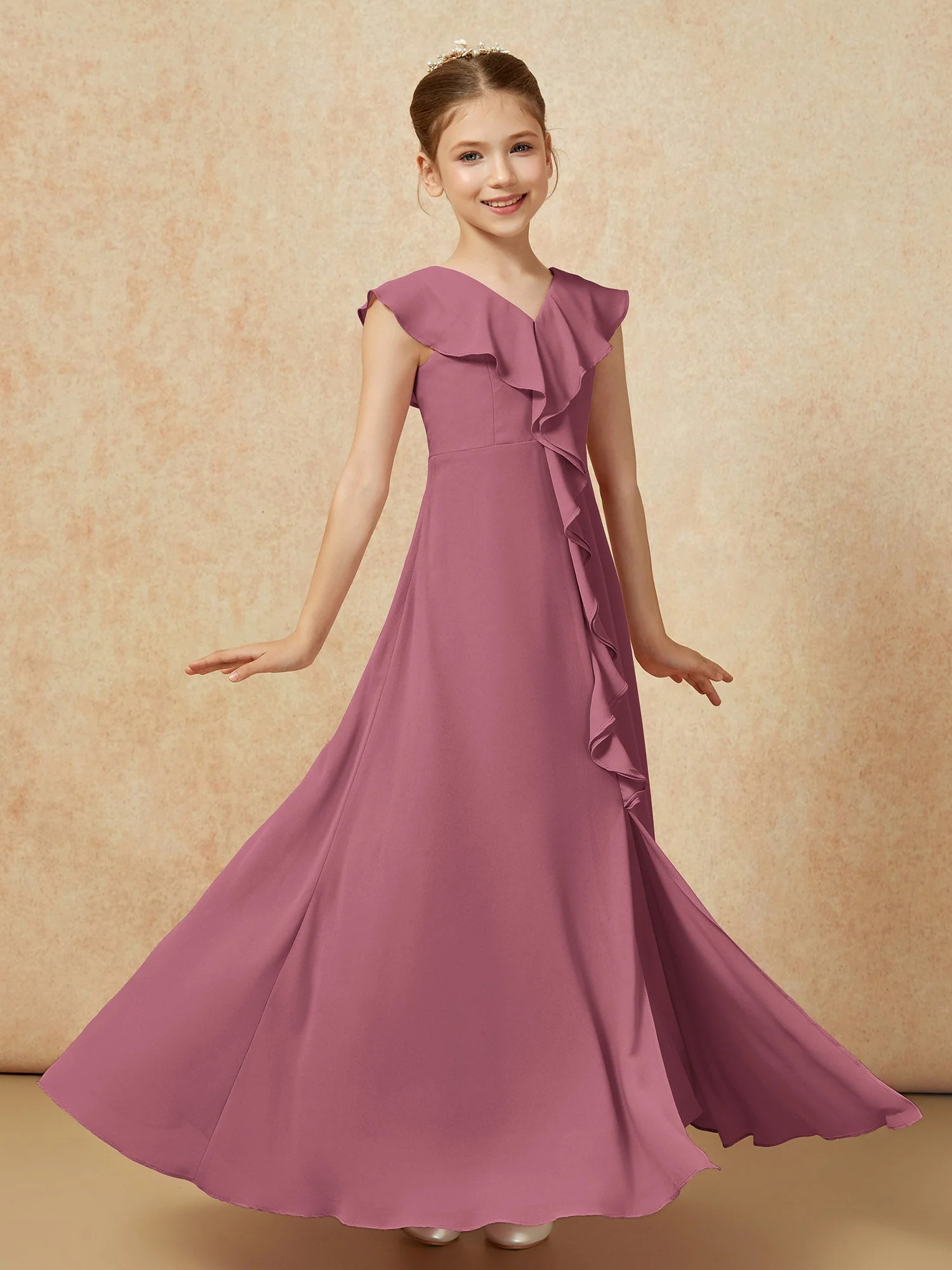 V-Ausschnitt Rüschen Chiffon Junge Brautjungfernkleider mit Schlitz Maulbeere - Image 3