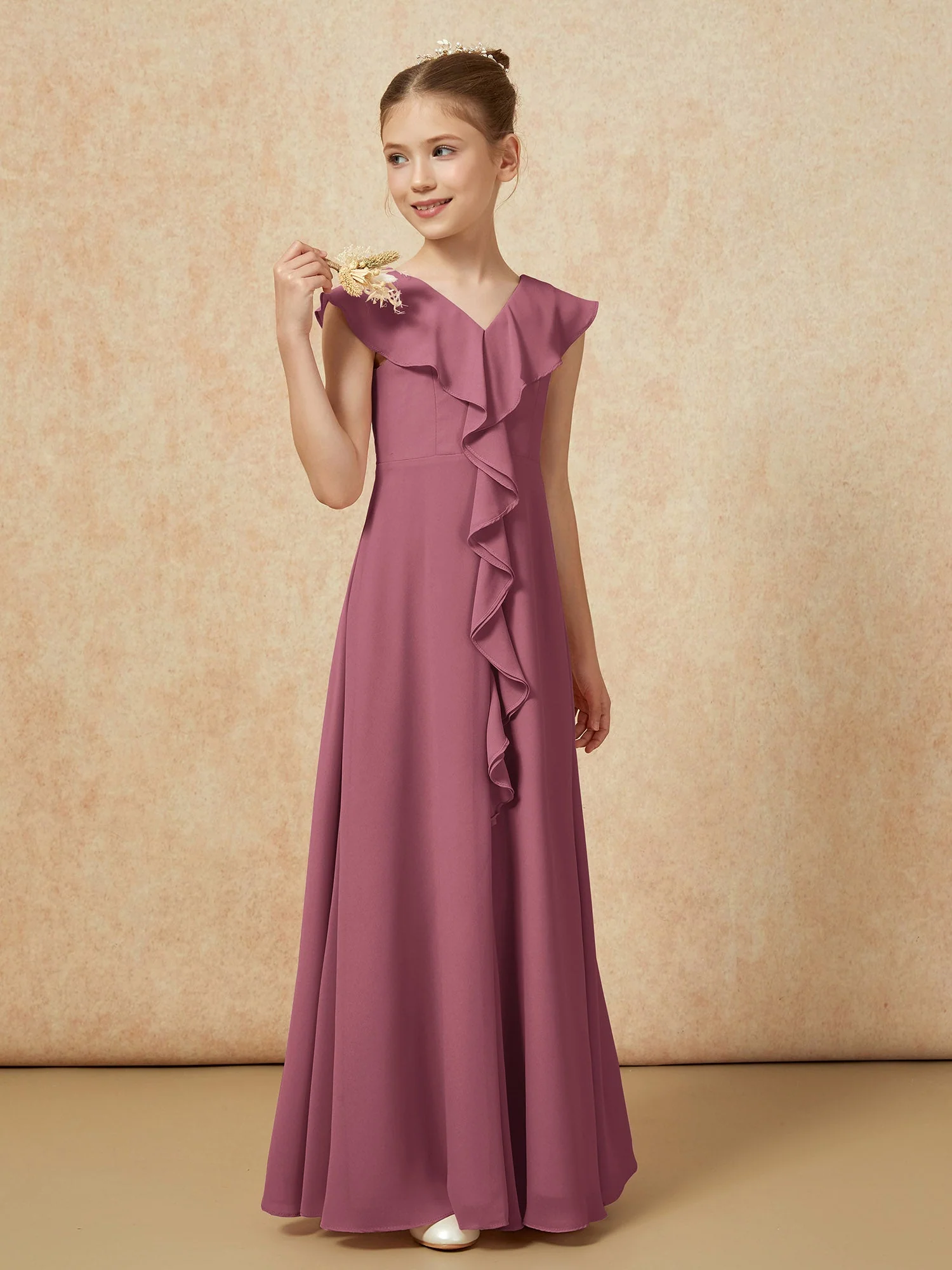 V-Ausschnitt Rüschen Chiffon Junge Brautjungfernkleider mit Schlitz Maulbeere - Image 4