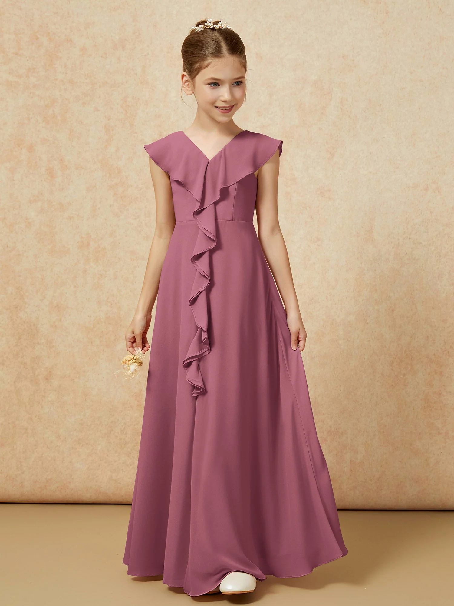 V-Ausschnitt Rüschen Chiffon Junge Brautjungfernkleider mit Schlitz Maulbeere - Image 5