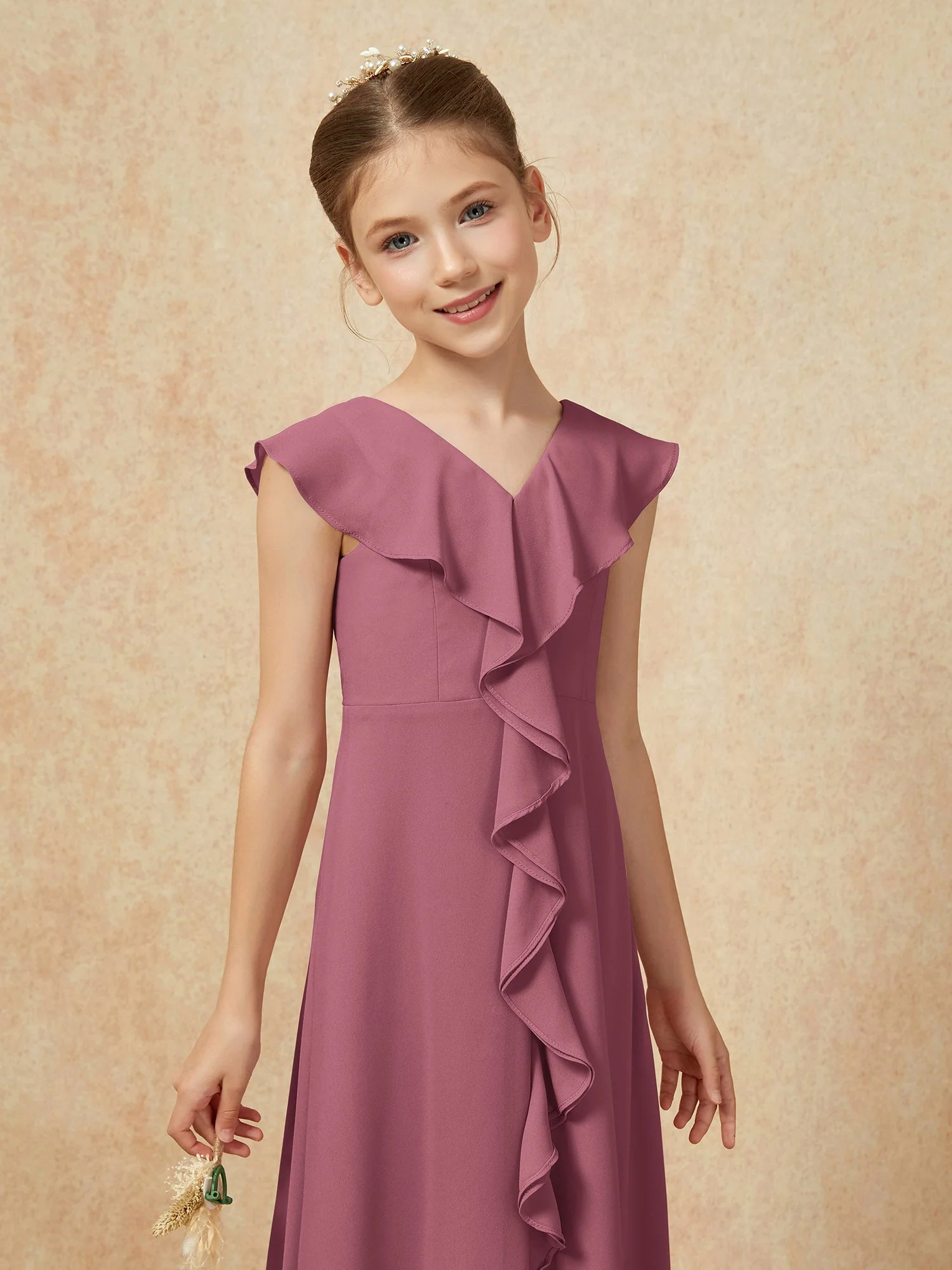 V-Ausschnitt Rüschen Chiffon Junge Brautjungfernkleider mit Schlitz Maulbeere - Image 6