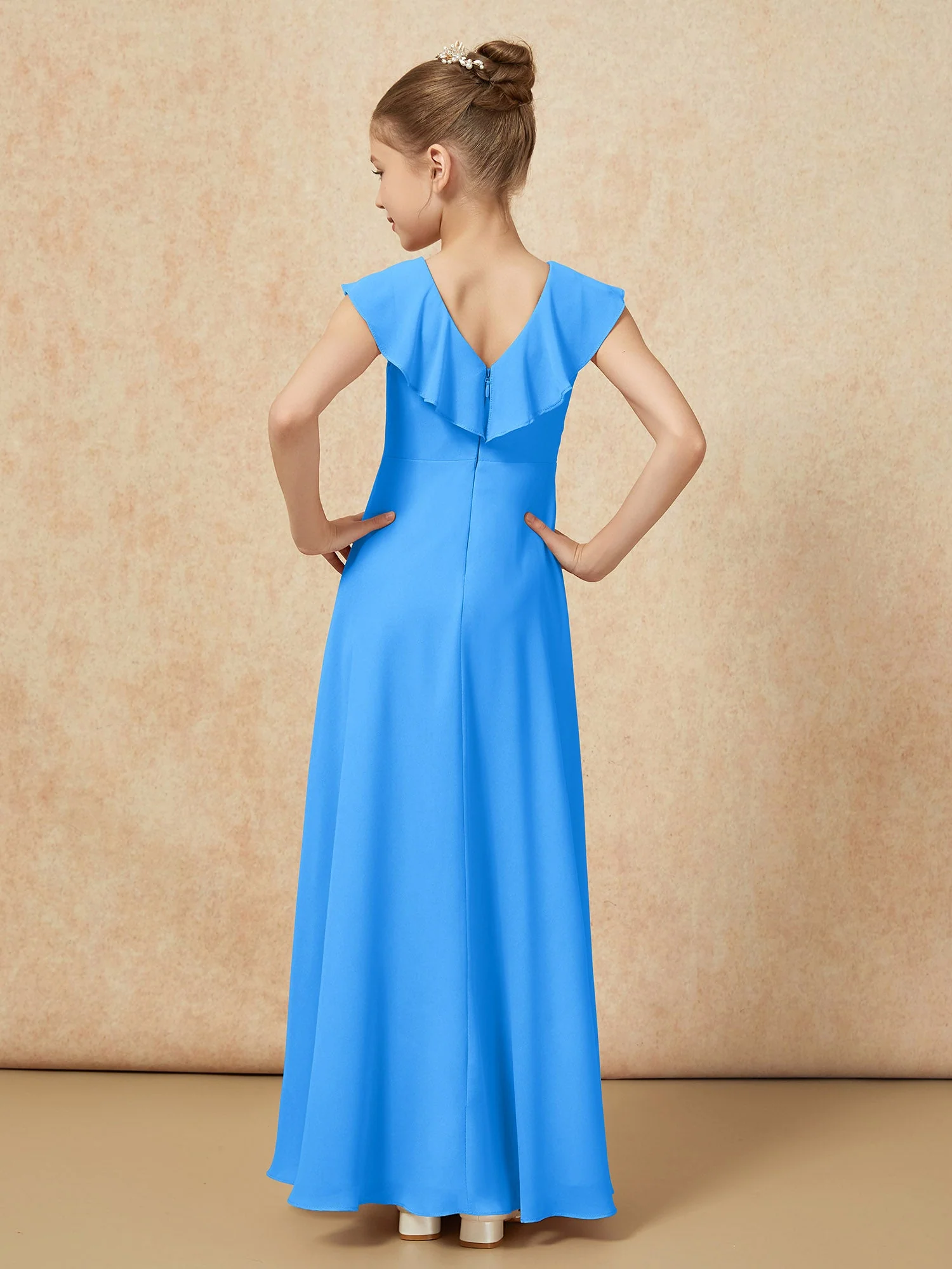 V-Ausschnitt Rüschen Chiffon Junge Brautjungfernkleider mit Schlitz Meerblau - Image 2
