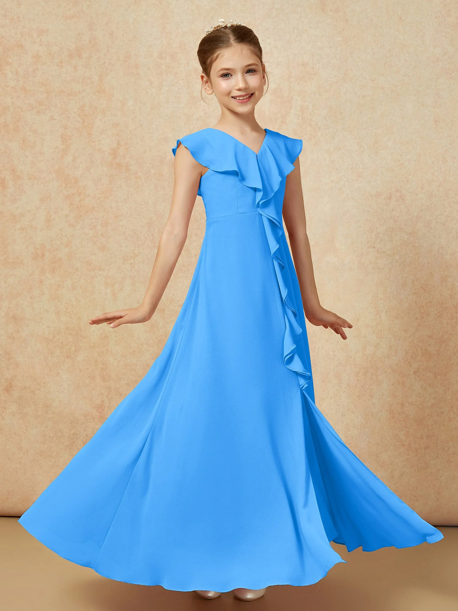 V-Ausschnitt Rüschen Chiffon Junge Brautjungfernkleider mit Schlitz Meerblau - Image 3