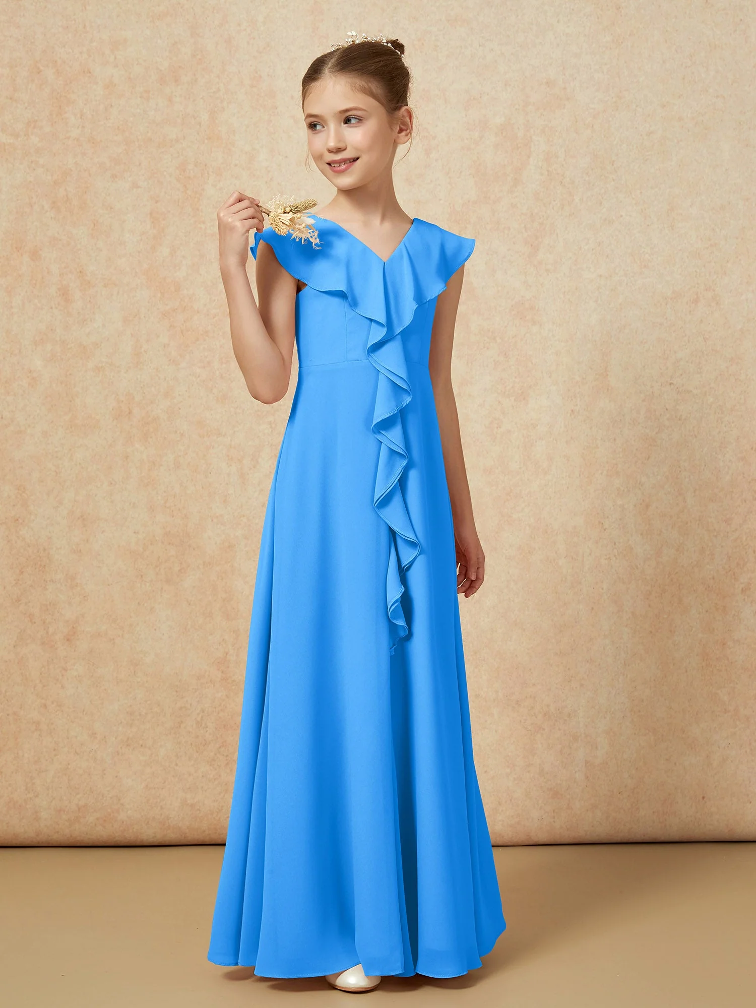 V-Ausschnitt Rüschen Chiffon Junge Brautjungfernkleider mit Schlitz Meerblau - Image 4