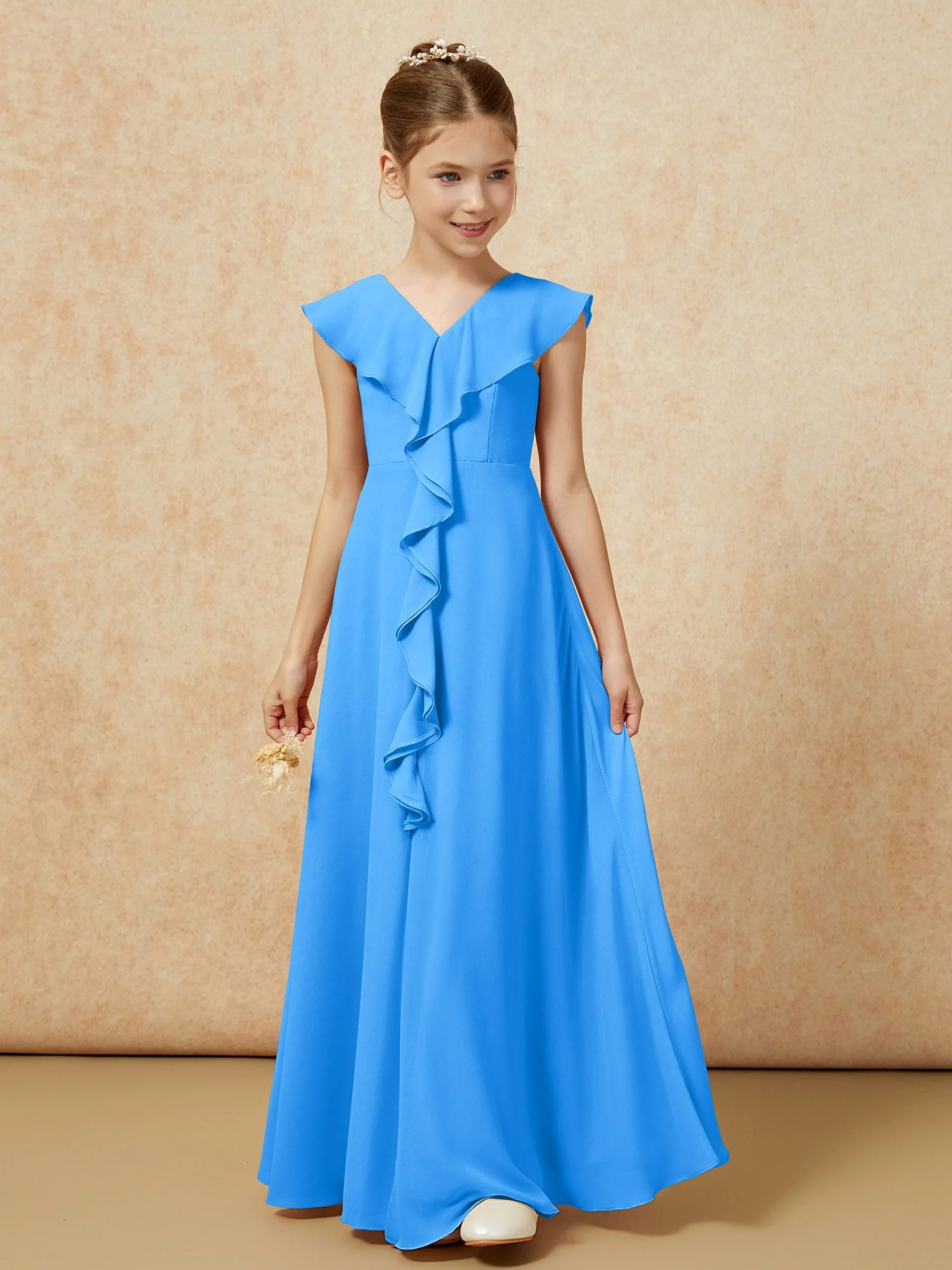 V-Ausschnitt Rüschen Chiffon Junge Brautjungfernkleider mit Schlitz Meerblau - Image 5