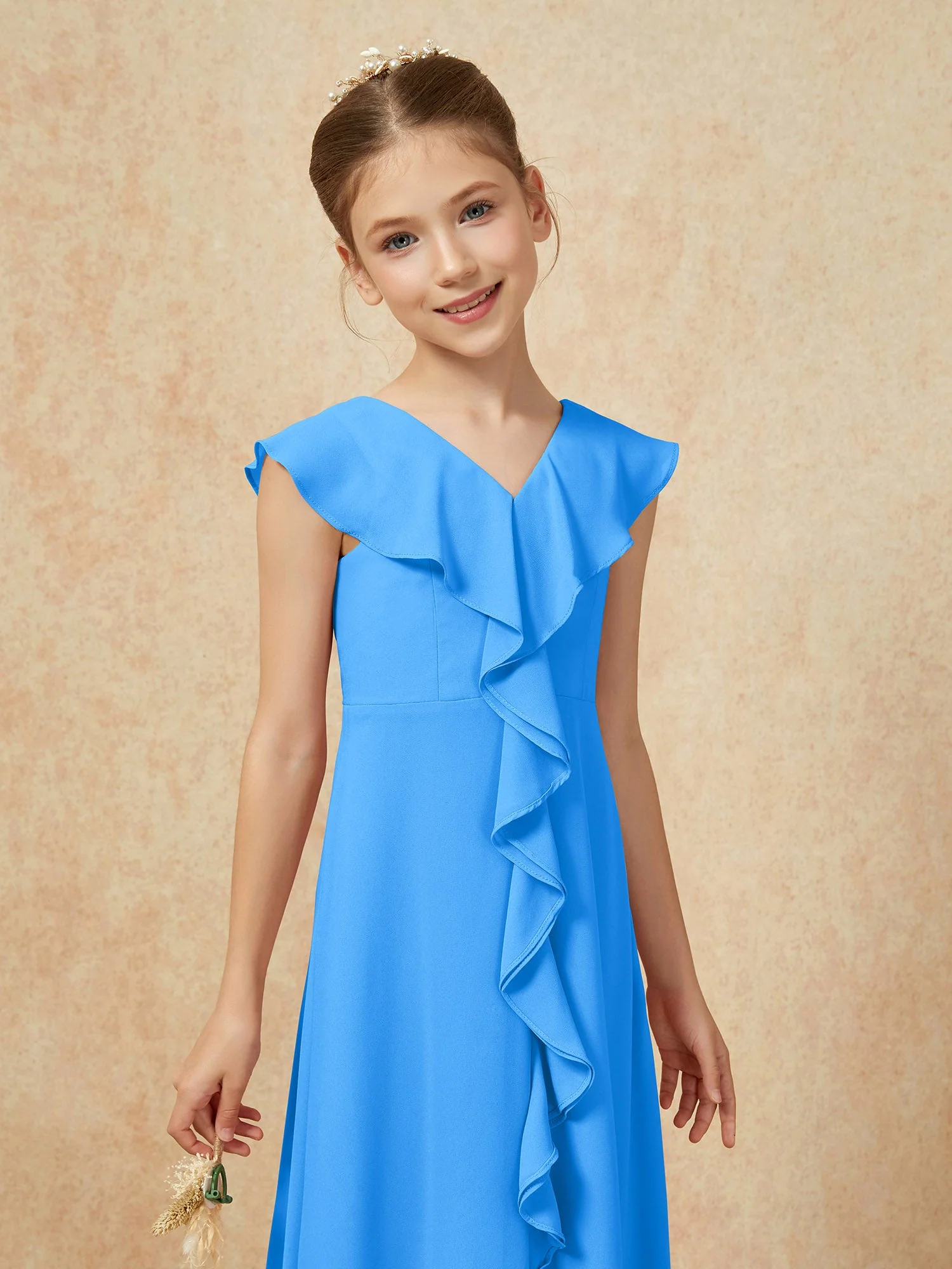 V-Ausschnitt Rüschen Chiffon Junge Brautjungfernkleider mit Schlitz Meerblau - Image 6