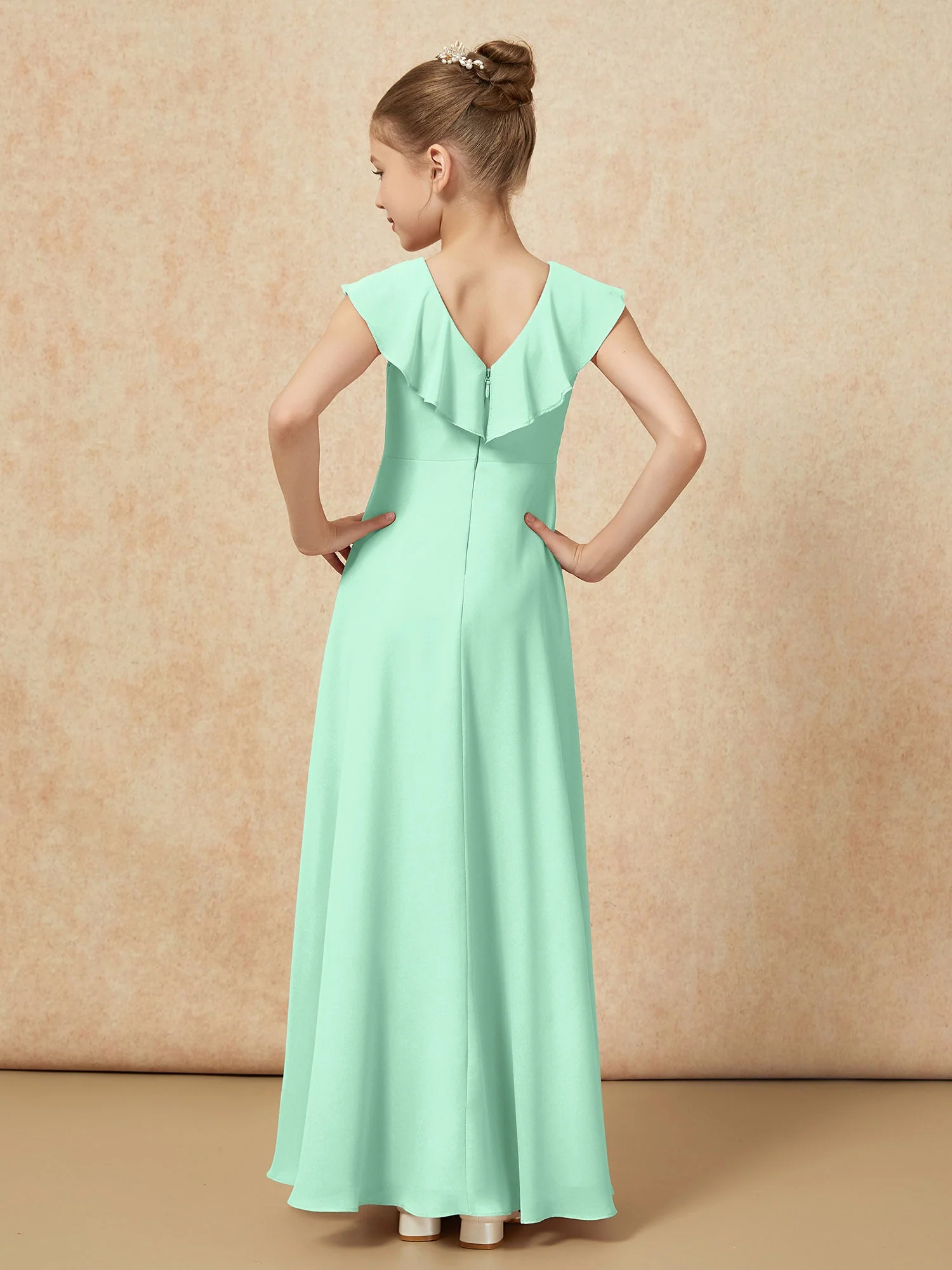 V-Ausschnitt Rüschen Chiffon Junge Brautjungfernkleider mit Schlitz Minzgrün - Image 2