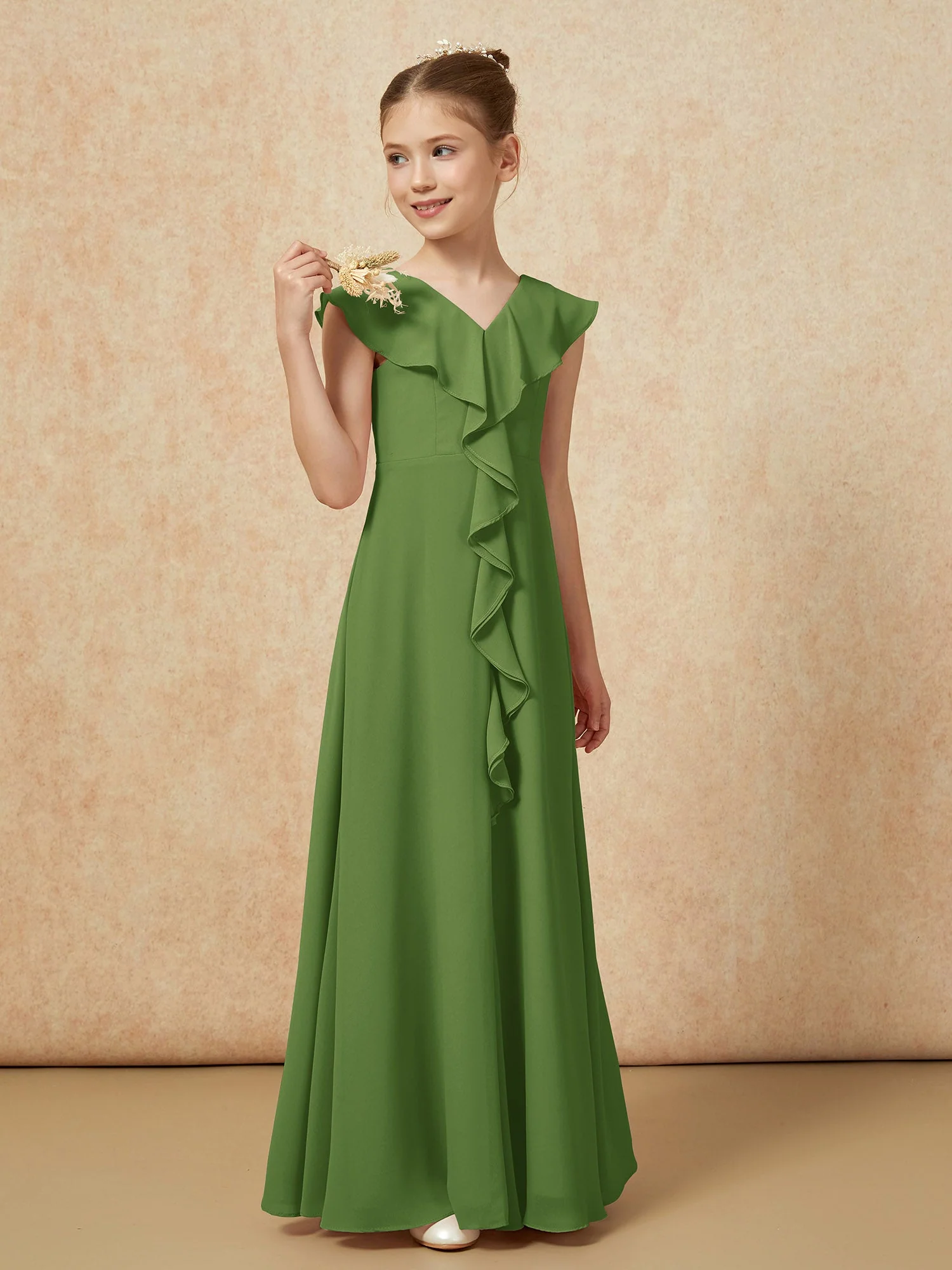 V-Ausschnitt Rüschen Chiffon Junge Brautjungfernkleider mit Schlitz Moos - Image 4