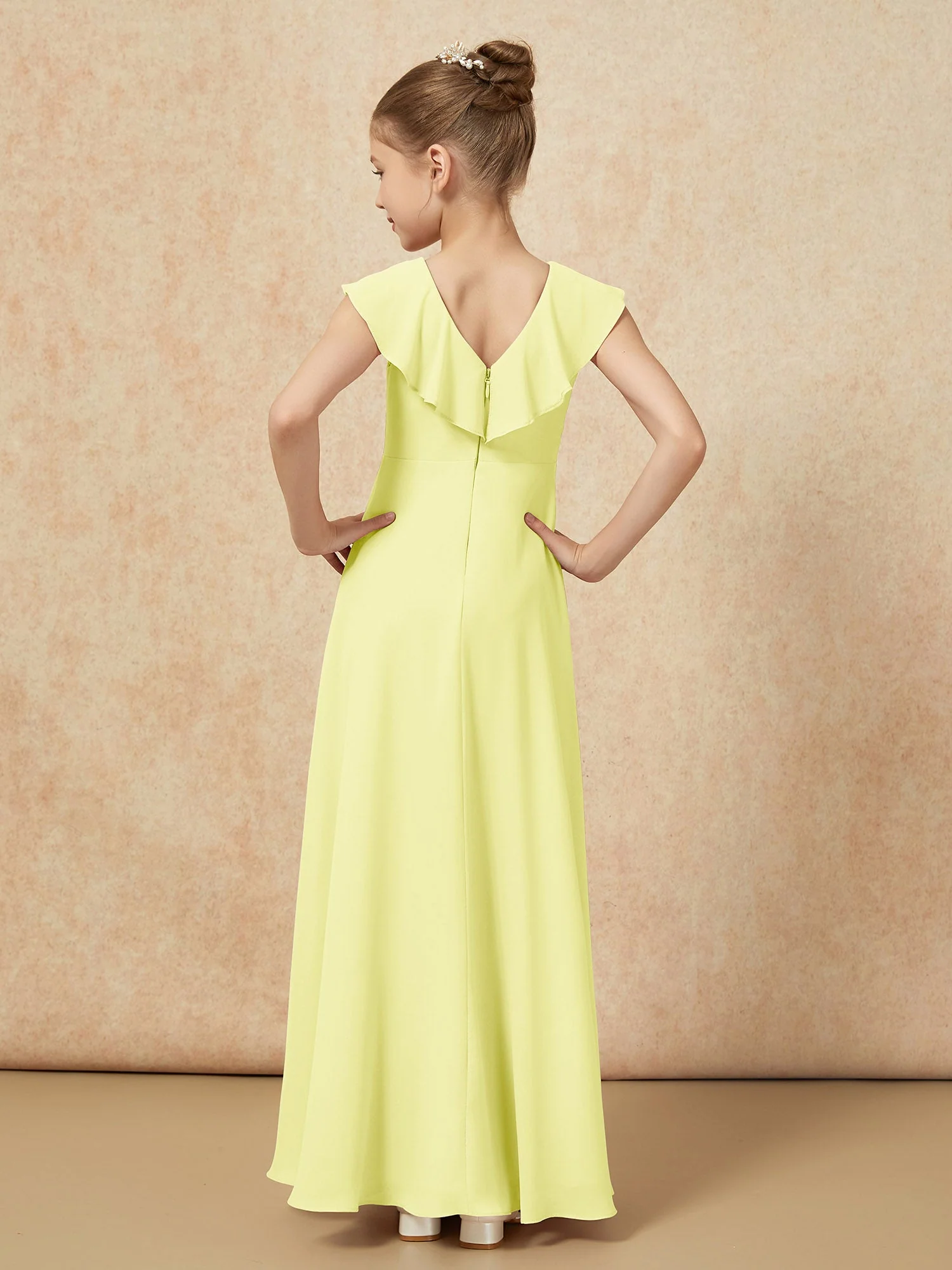 V-Ausschnitt Rüschen Chiffon Junge Brautjungfernkleider mit Schlitz Narzisse - Image 2