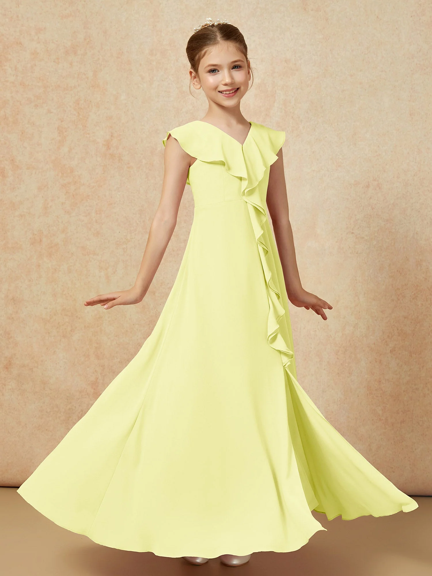 V-Ausschnitt Rüschen Chiffon Junge Brautjungfernkleider mit Schlitz Narzisse - Image 3