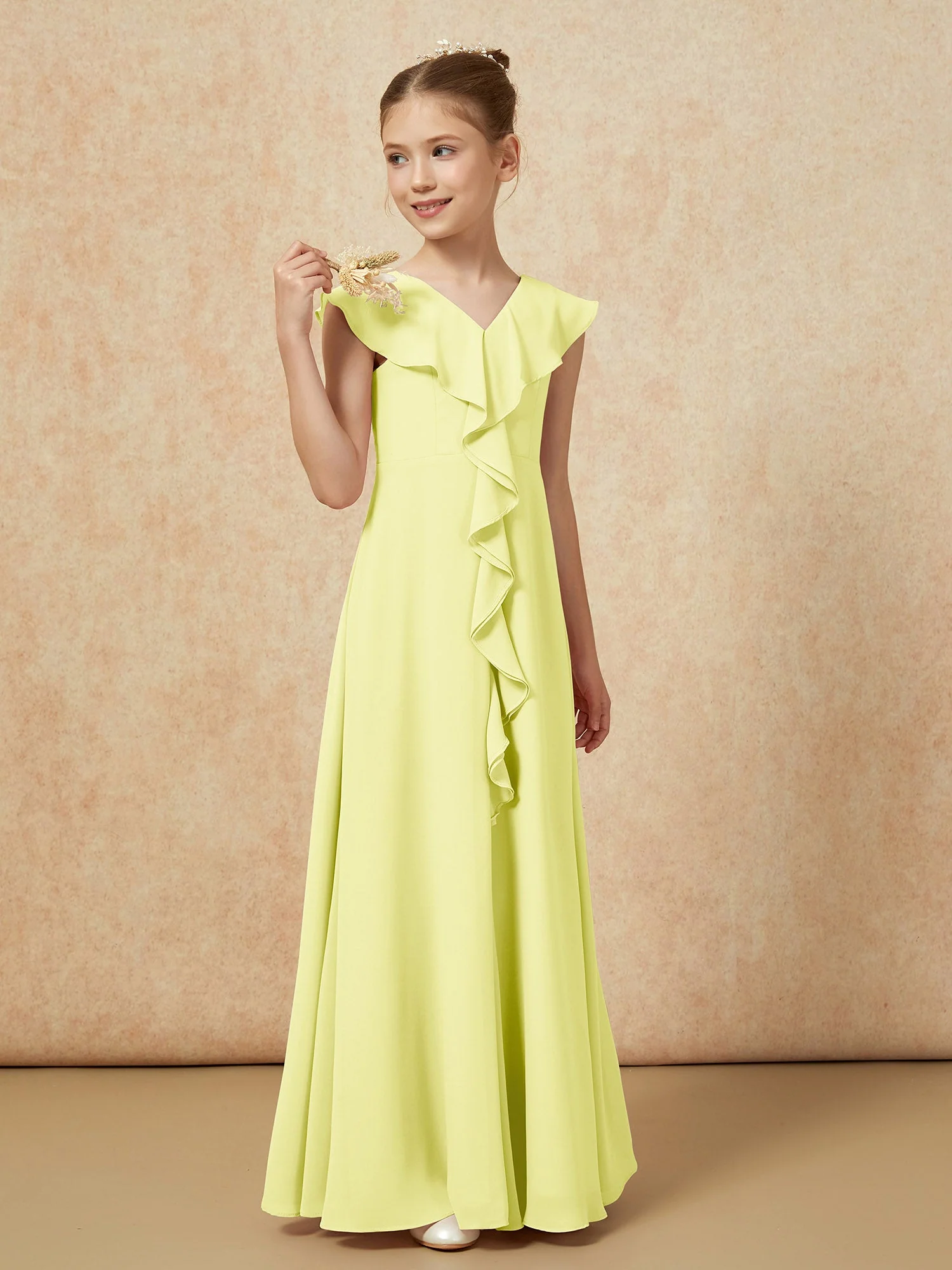 V-Ausschnitt Rüschen Chiffon Junge Brautjungfernkleider mit Schlitz Narzisse - Image 4