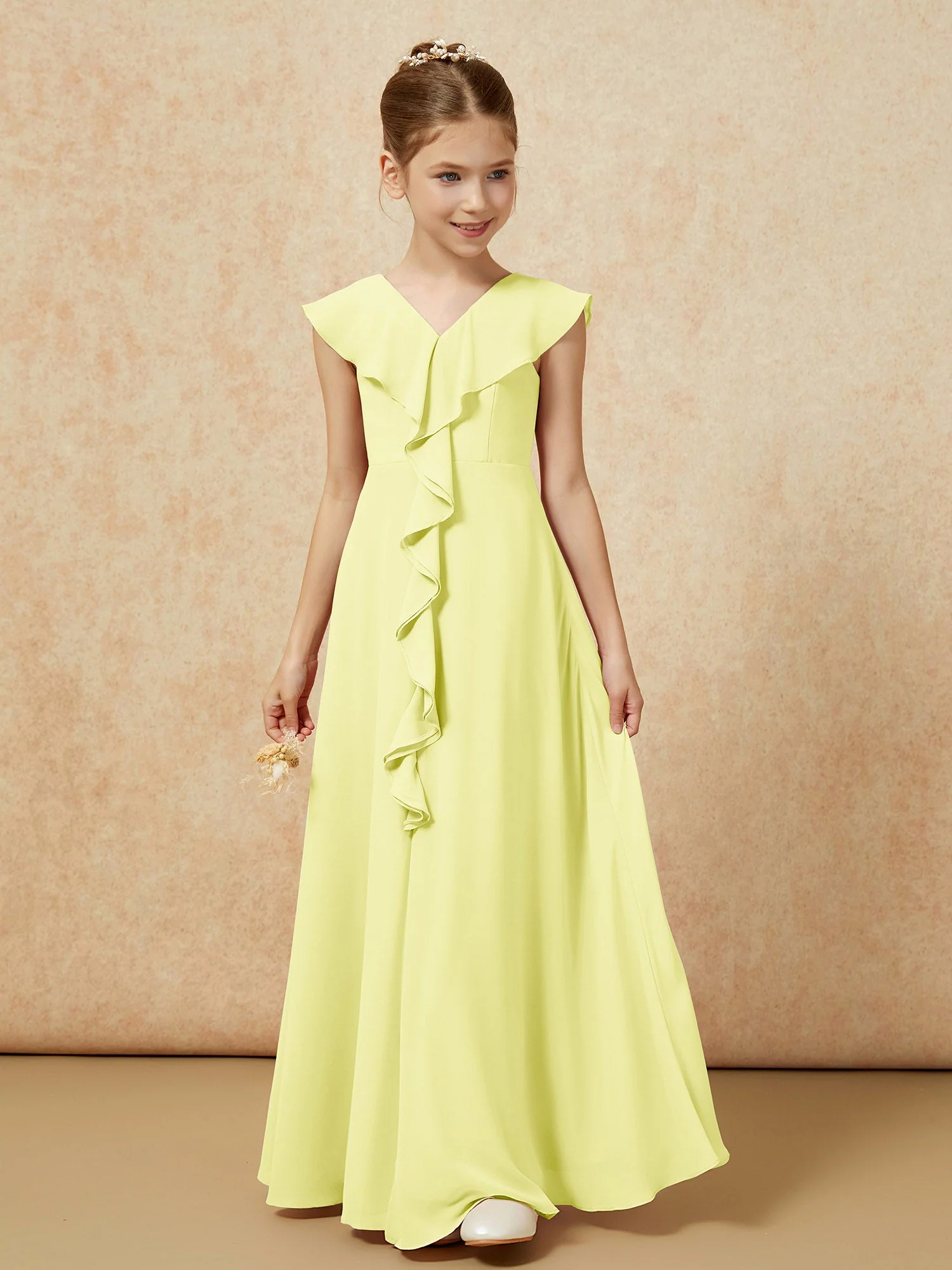 V-Ausschnitt Rüschen Chiffon Junge Brautjungfernkleider mit Schlitz Narzisse - Image 5