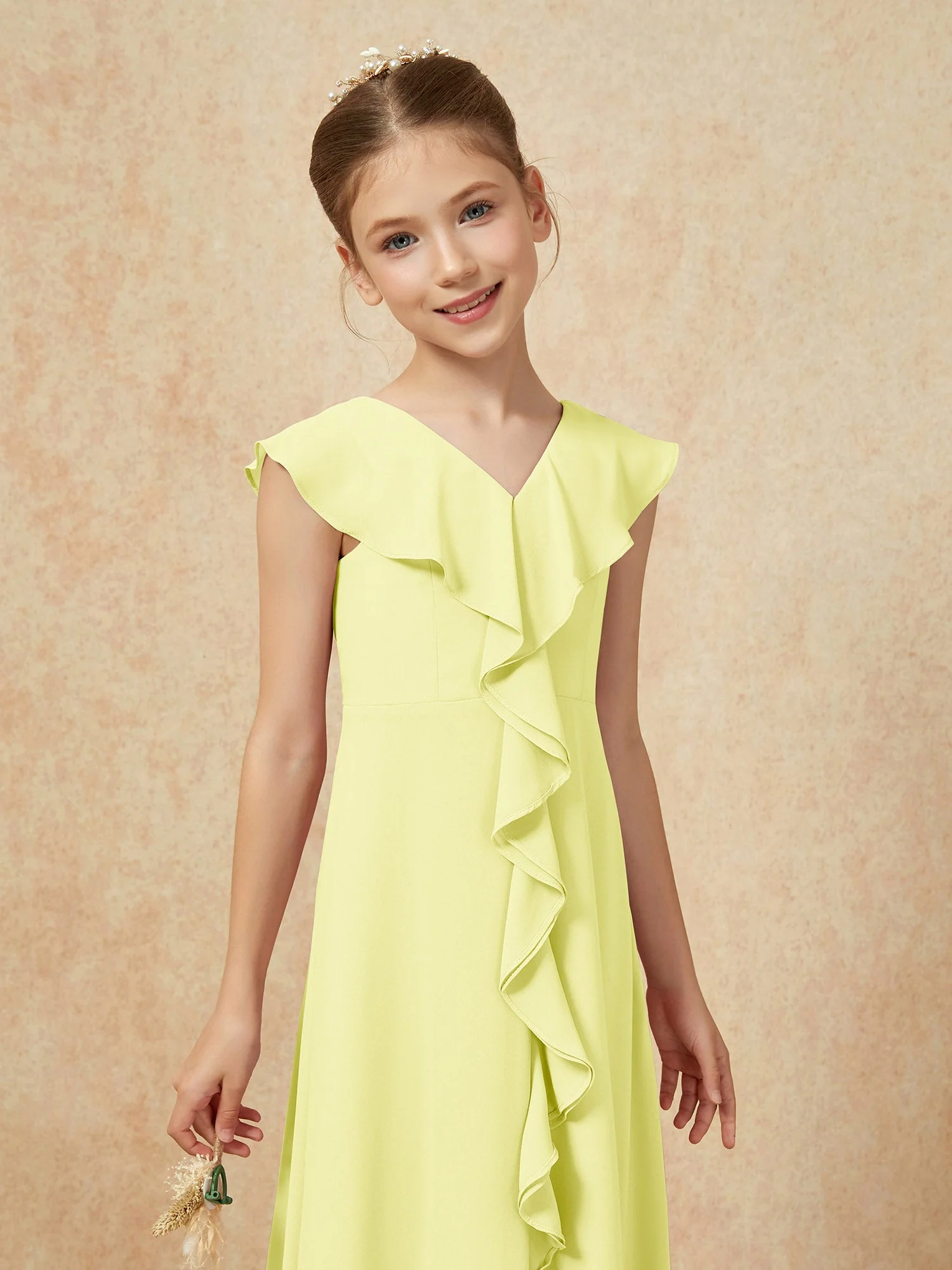 V-Ausschnitt Rüschen Chiffon Junge Brautjungfernkleider mit Schlitz Narzisse - Image 6