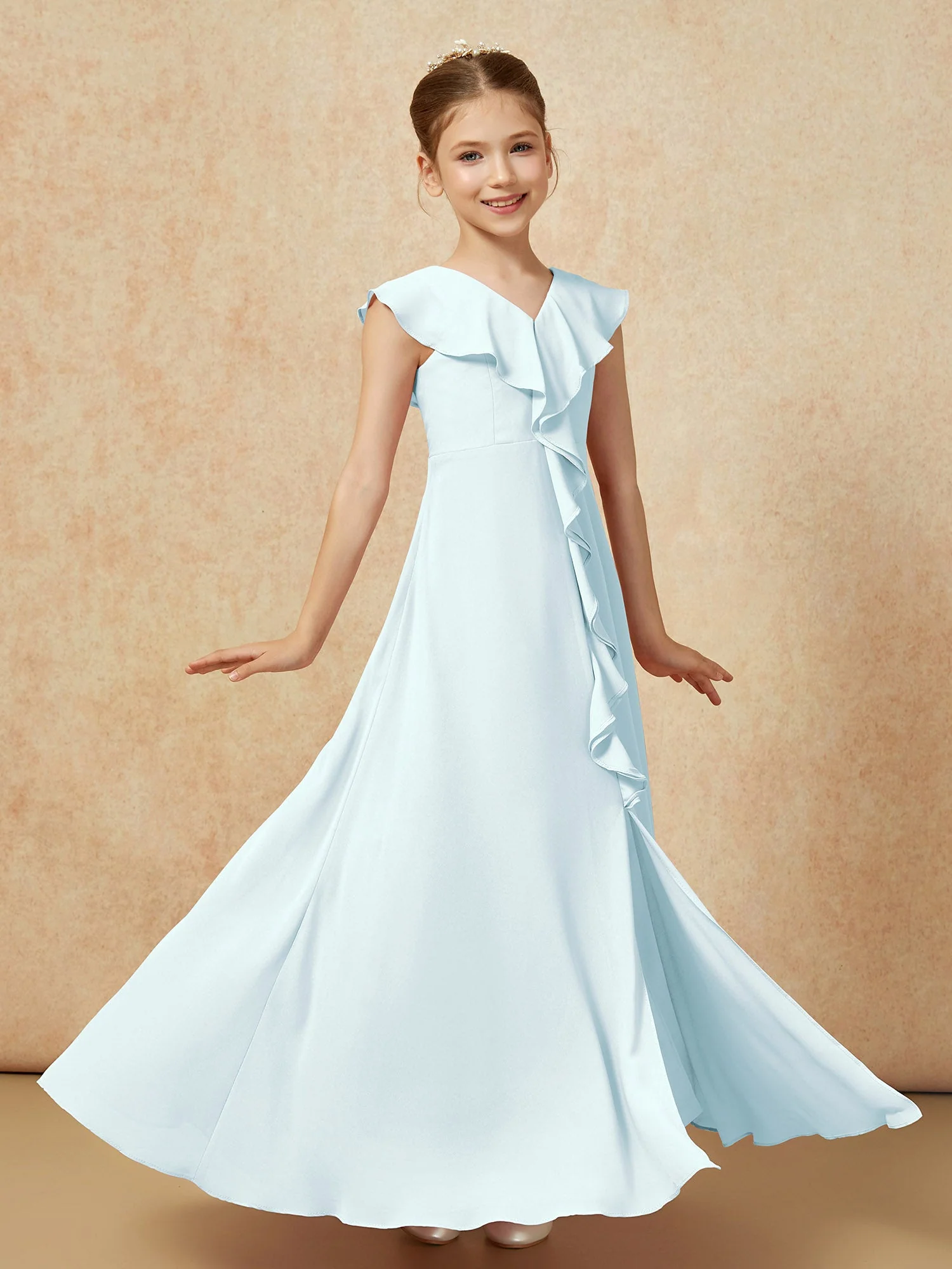 V-Ausschnitt Rüschen Chiffon Junge Brautjungfernkleider mit Schlitz Nebel - Image 3