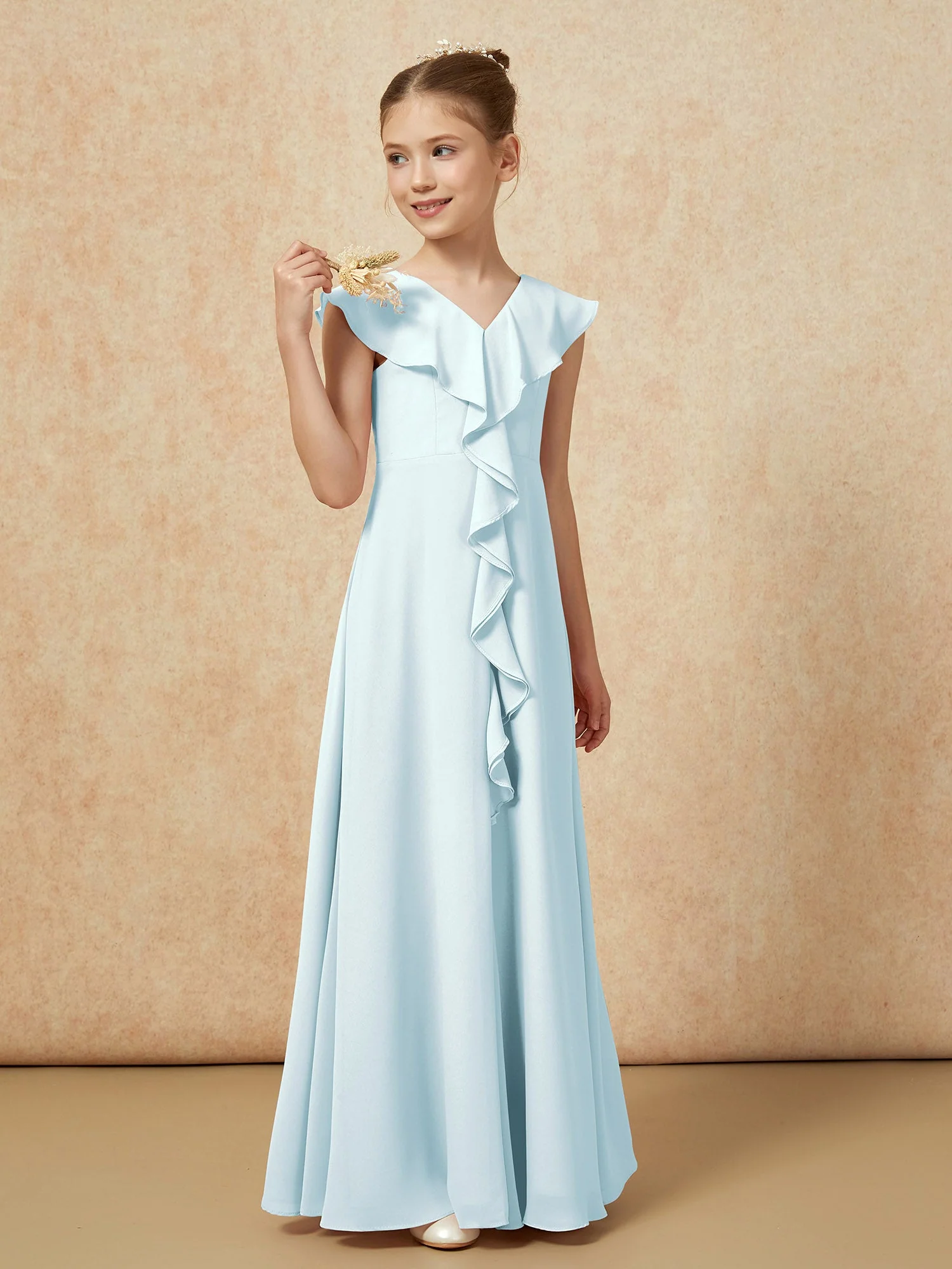 V-Ausschnitt Rüschen Chiffon Junge Brautjungfernkleider mit Schlitz Nebel - Image 4