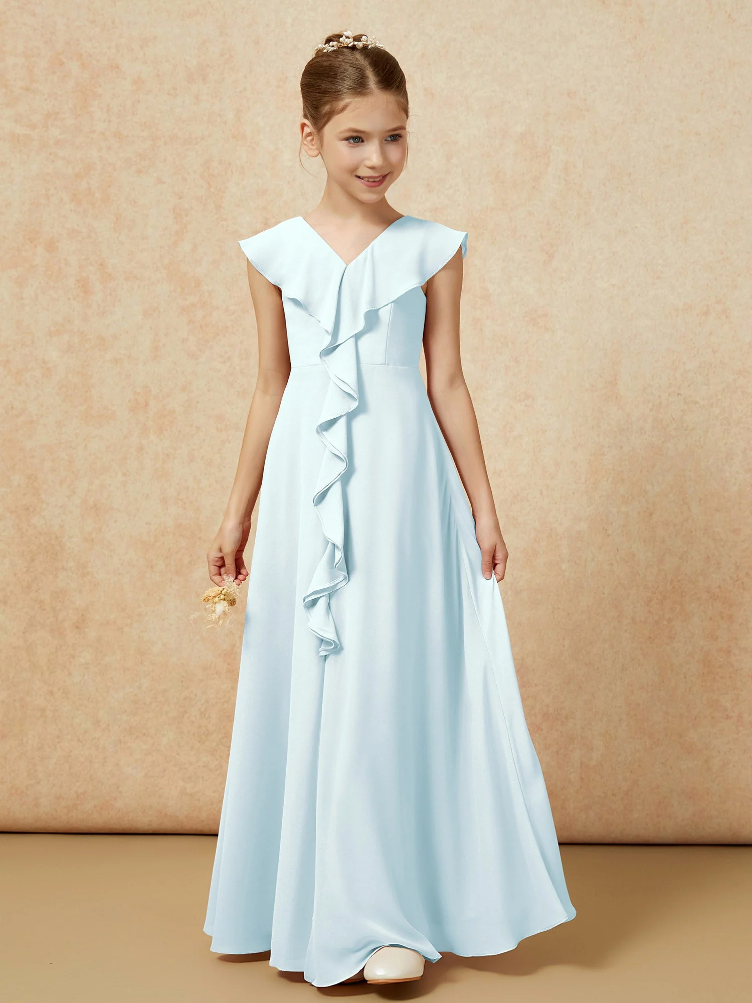 V-Ausschnitt Rüschen Chiffon Junge Brautjungfernkleider mit Schlitz Nebel - Image 5