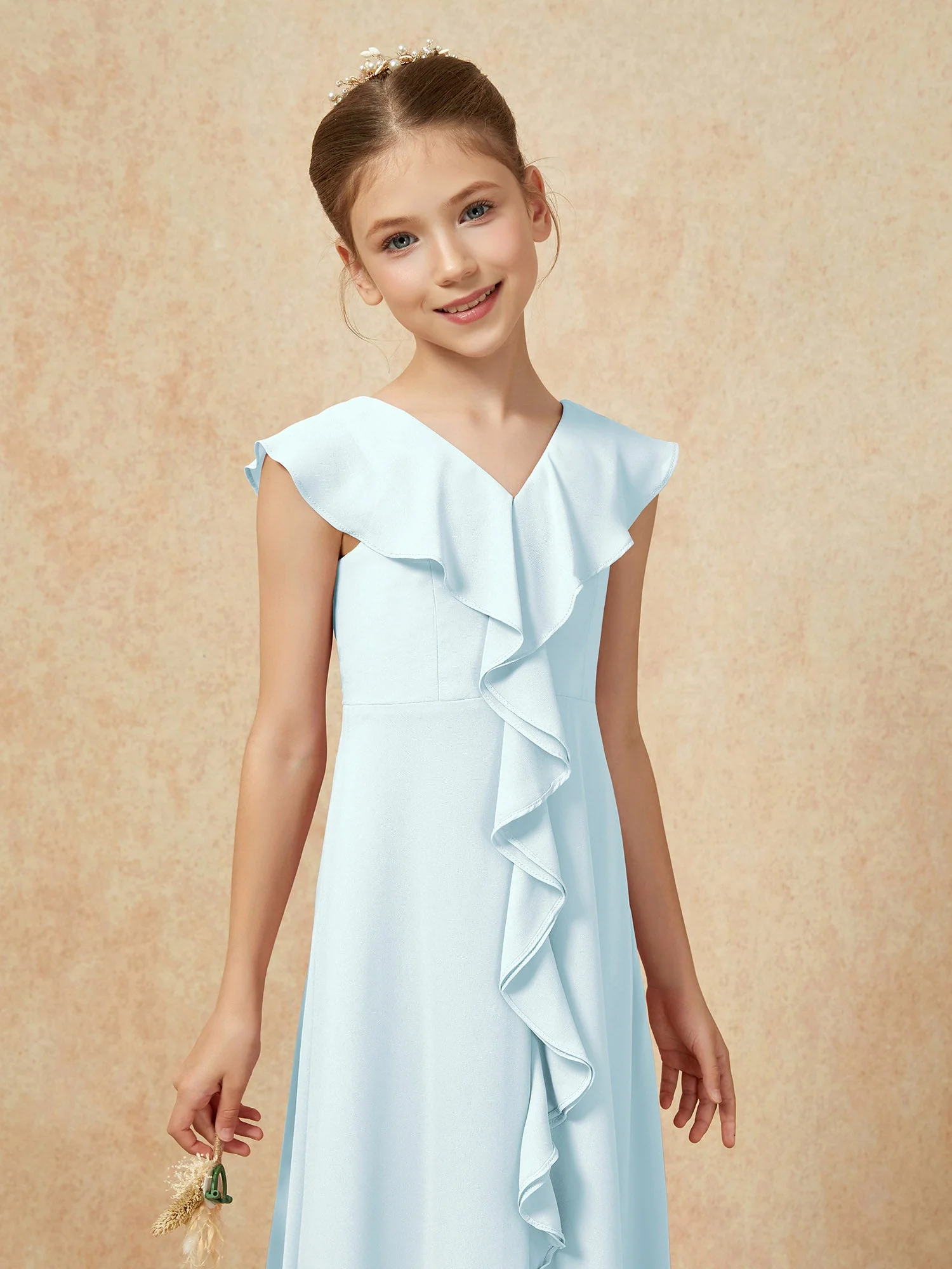 V-Ausschnitt Rüschen Chiffon Junge Brautjungfernkleider mit Schlitz Nebel - Image 6