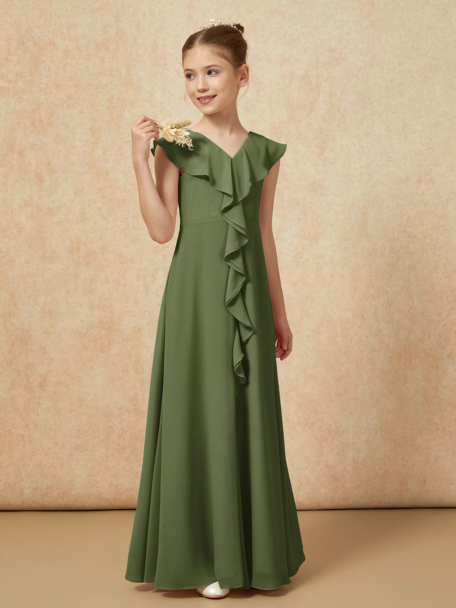 V-Ausschnitt Rüschen Chiffon Junge Brautjungfernkleider mit Schlitz Olivgrün - Image 4