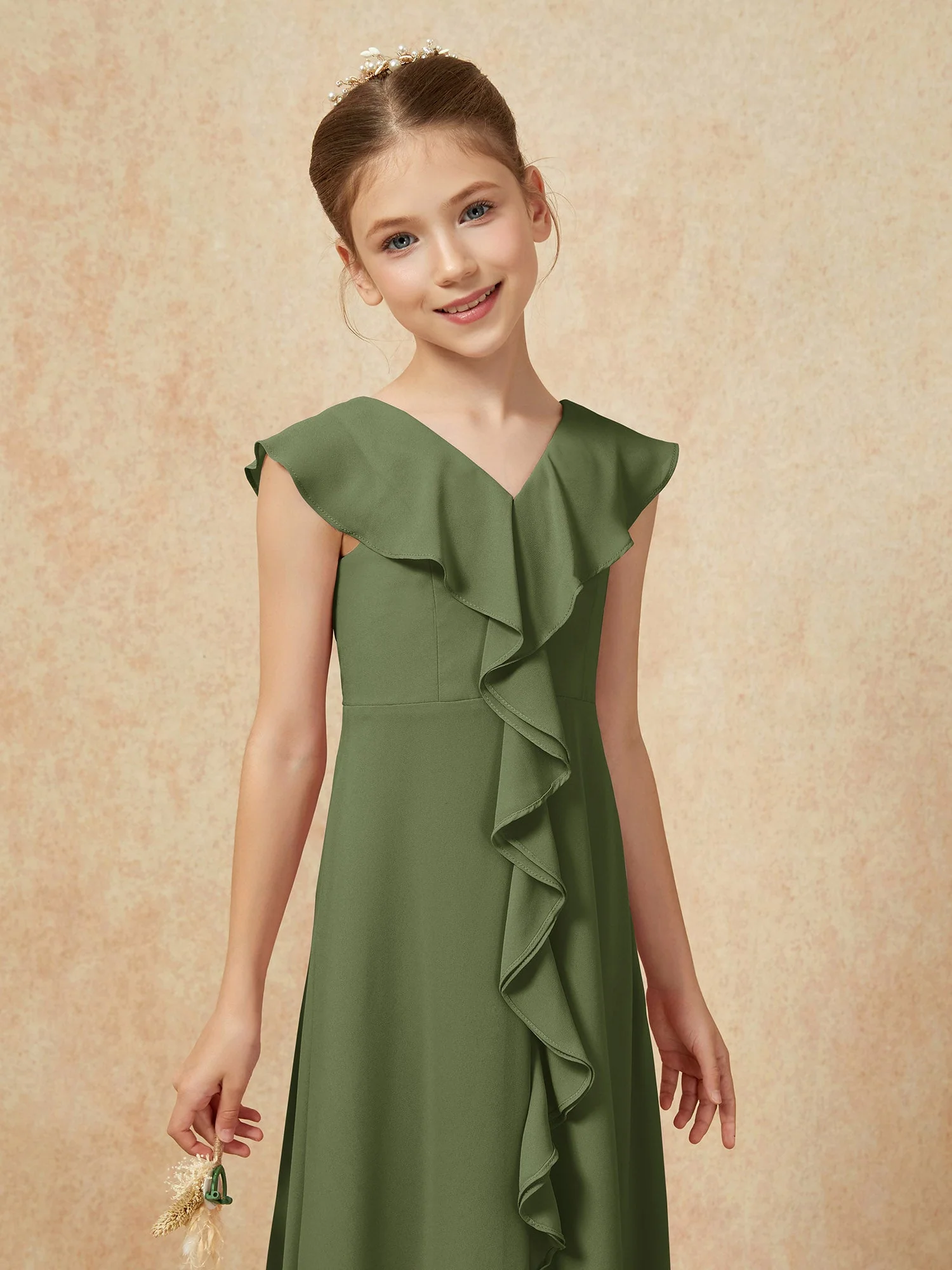 V-Ausschnitt Rüschen Chiffon Junge Brautjungfernkleider mit Schlitz Olivgrün - Image 6