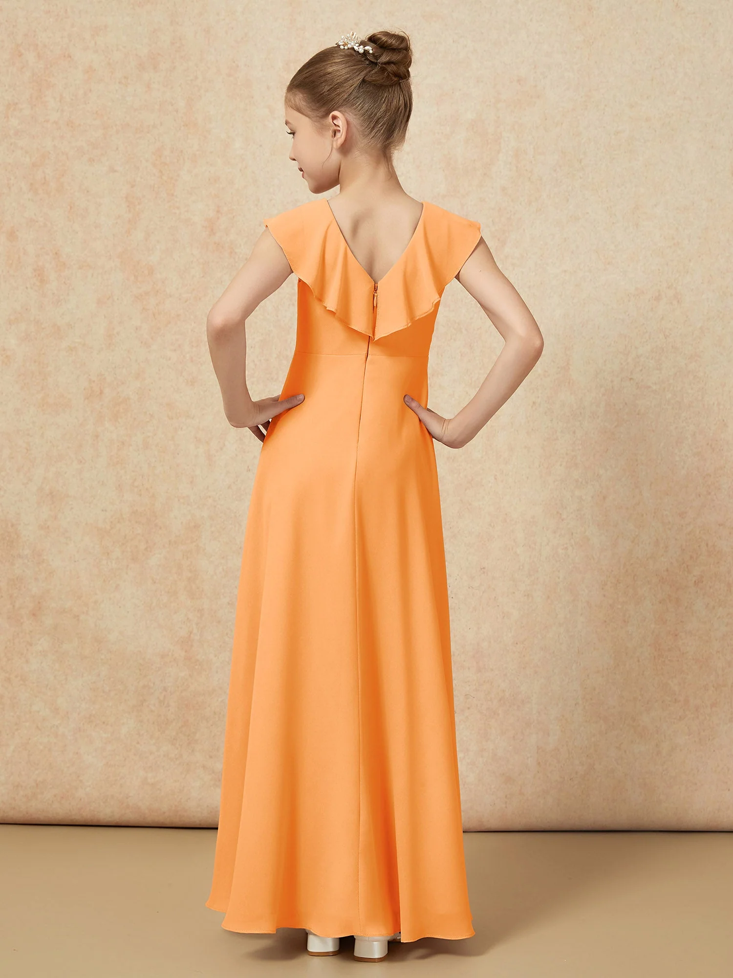 V-Ausschnitt Rüschen Chiffon Junge Brautjungfernkleider mit Schlitz Orange - Image 2