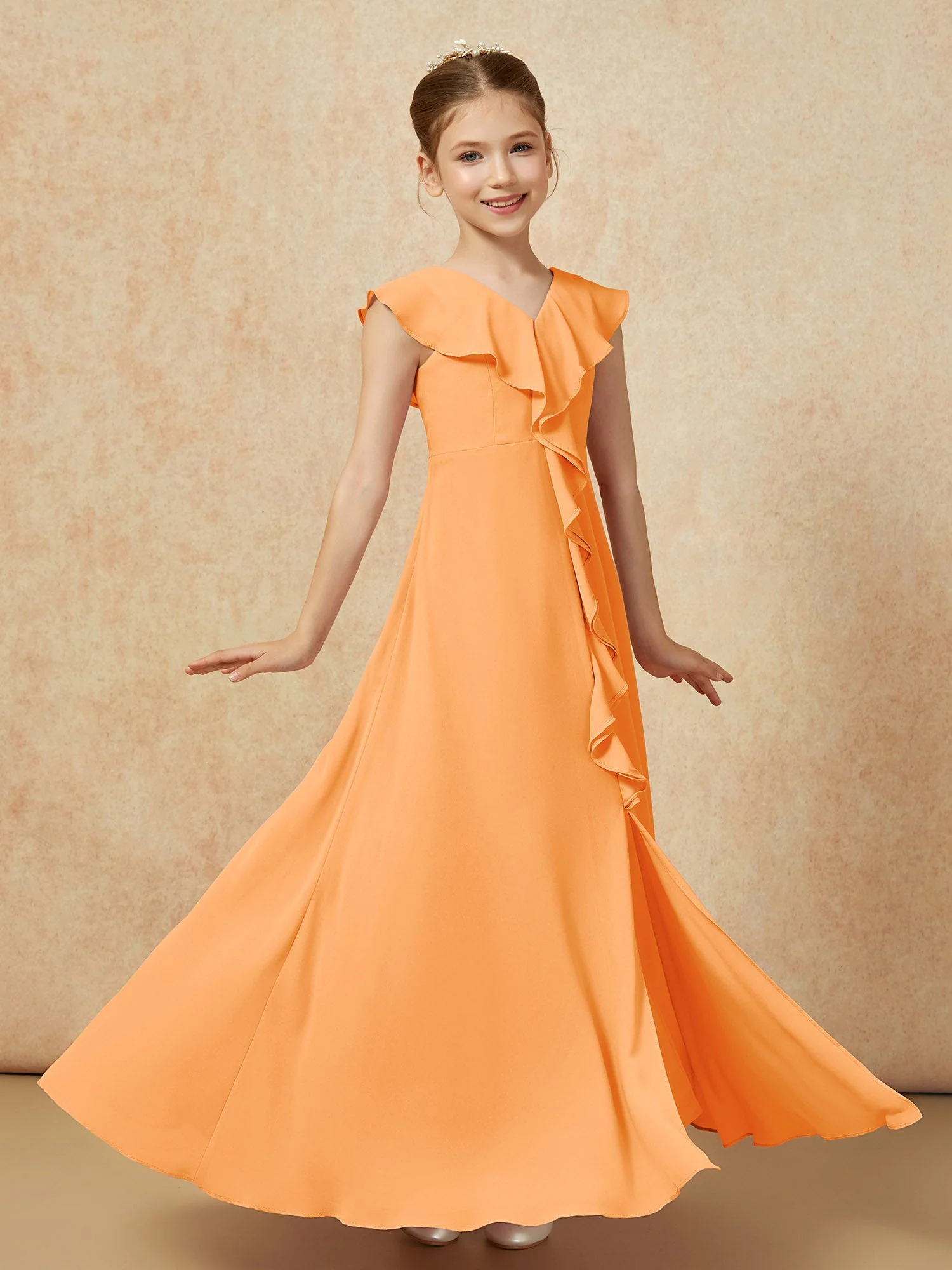 V-Ausschnitt Rüschen Chiffon Junge Brautjungfernkleider mit Schlitz Orange - Image 3