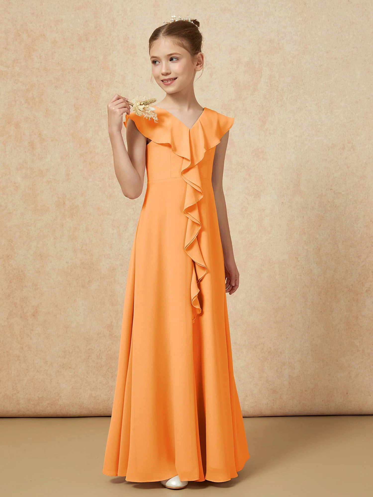 V-Ausschnitt Rüschen Chiffon Junge Brautjungfernkleider mit Schlitz Orange - Image 4