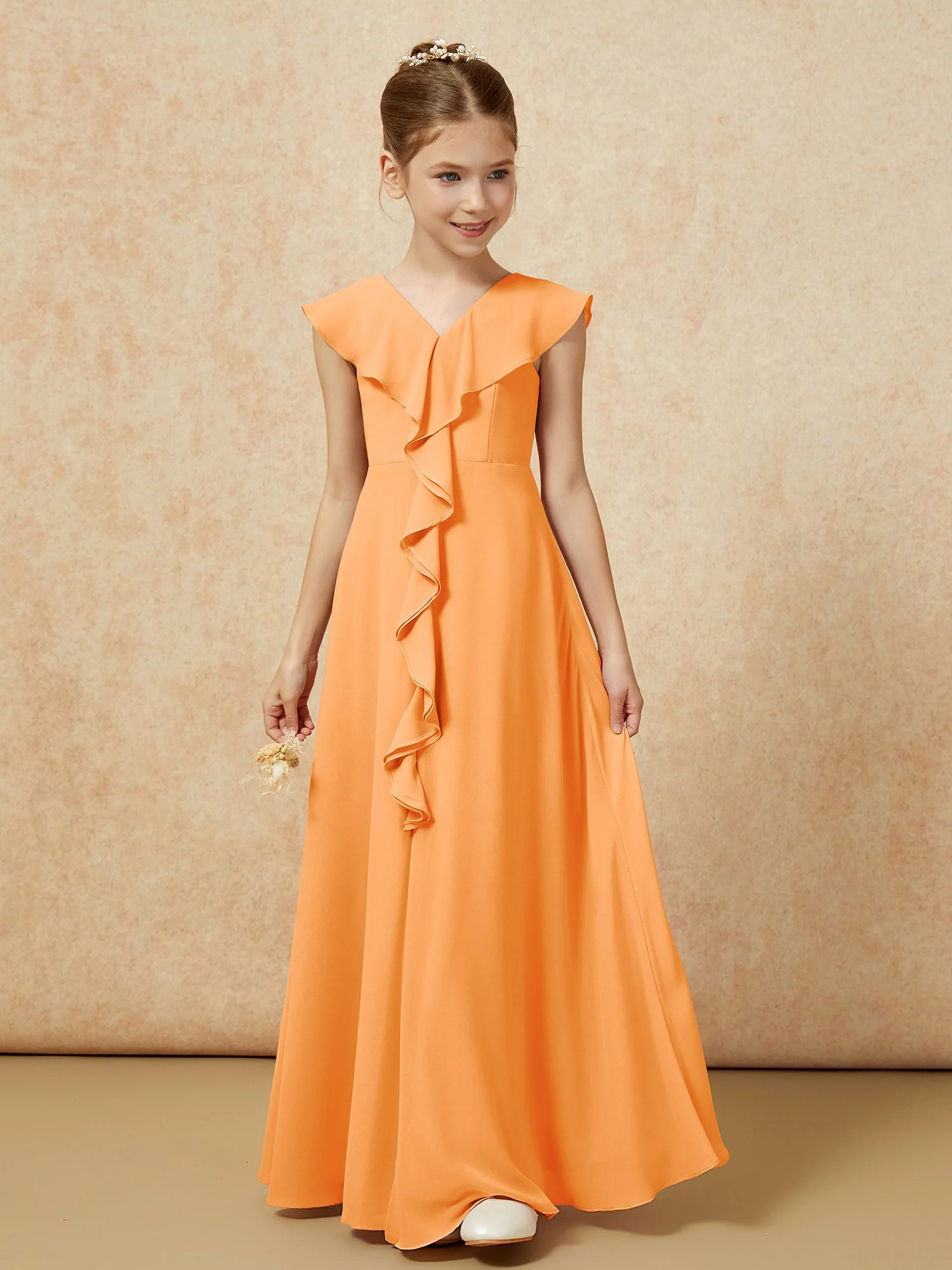 V-Ausschnitt Rüschen Chiffon Junge Brautjungfernkleider mit Schlitz Orange - Image 5