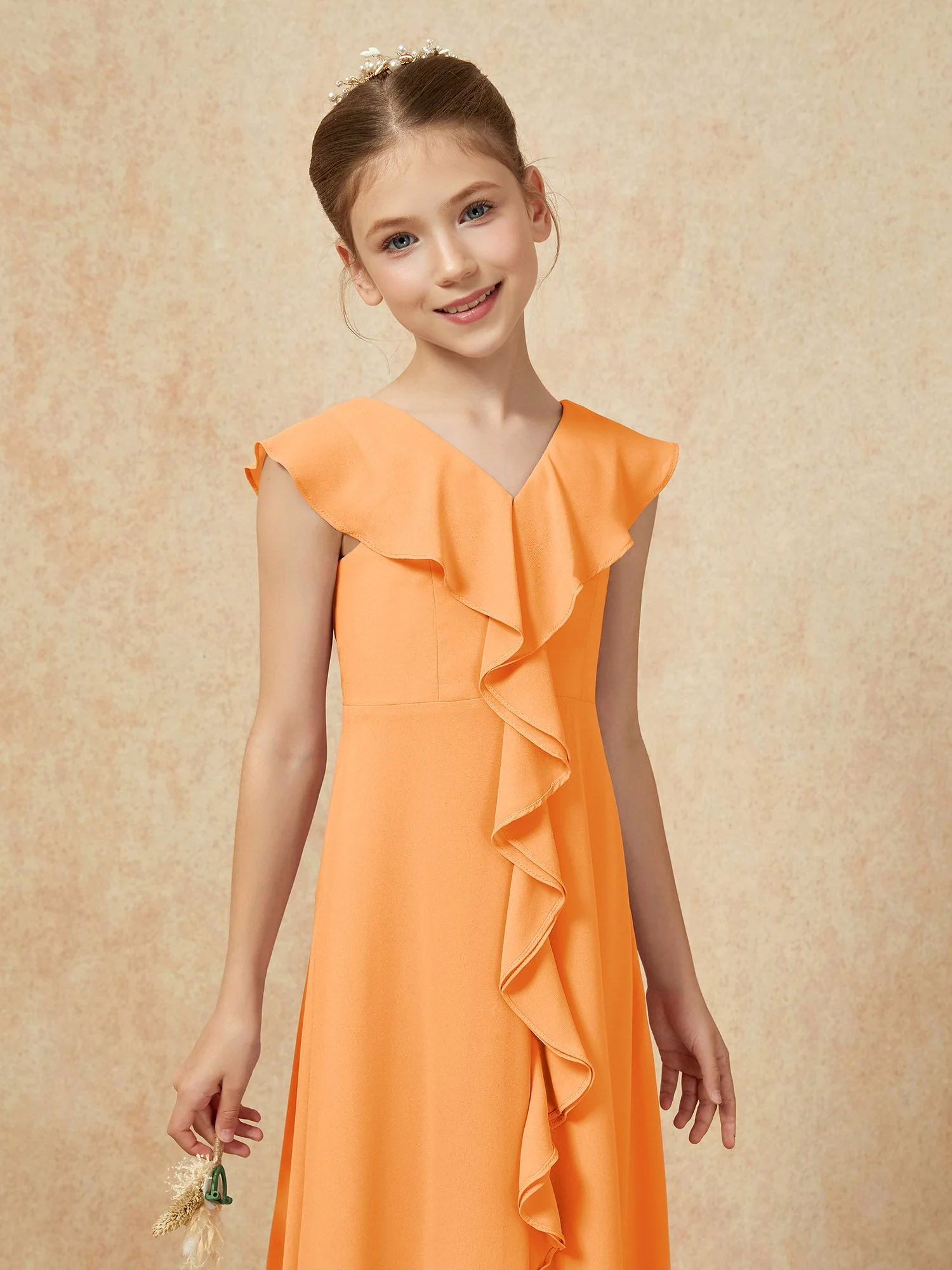 V-Ausschnitt Rüschen Chiffon Junge Brautjungfernkleider mit Schlitz Orange - Image 6