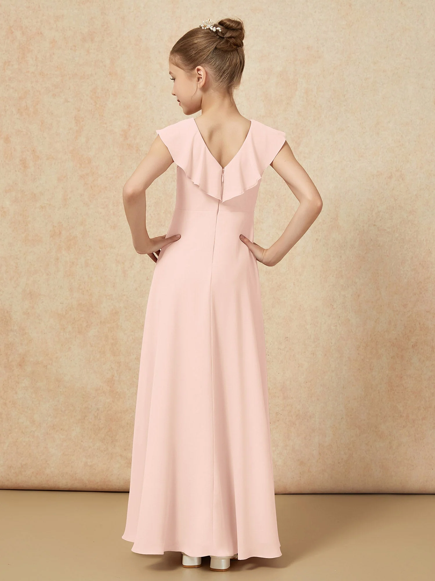 V-Ausschnitt Rüschen Chiffon Junge Brautjungfernkleider mit Schlitz Perlrosa - Image 2