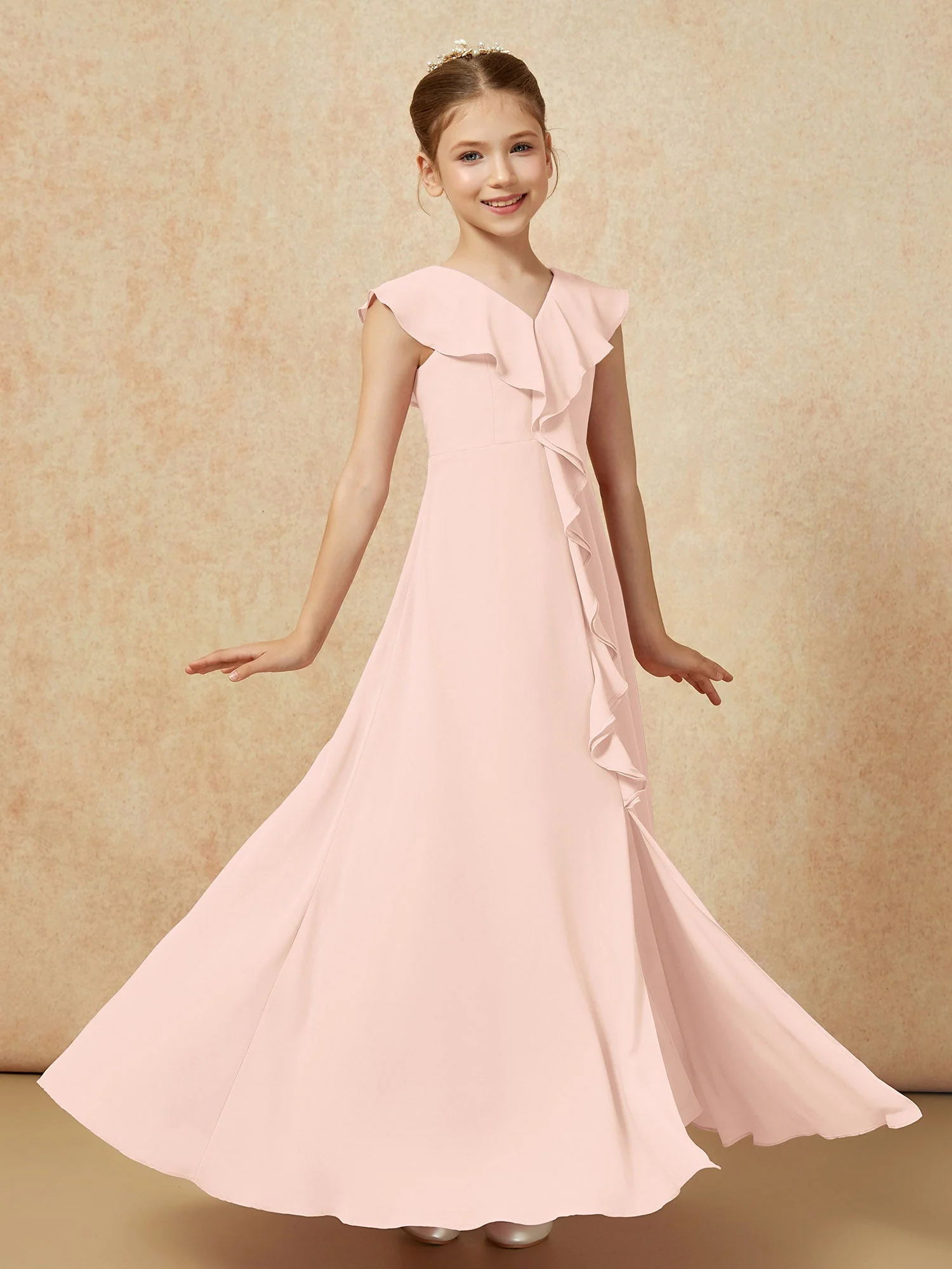 V-Ausschnitt Rüschen Chiffon Junge Brautjungfernkleider mit Schlitz Perlrosa - Image 3