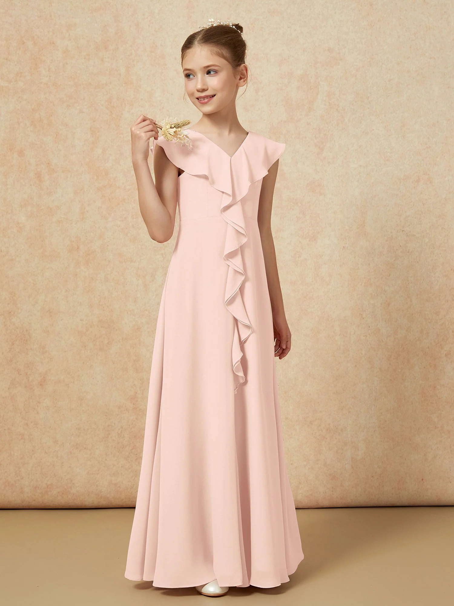 V-Ausschnitt Rüschen Chiffon Junge Brautjungfernkleider mit Schlitz Perlrosa - Image 4
