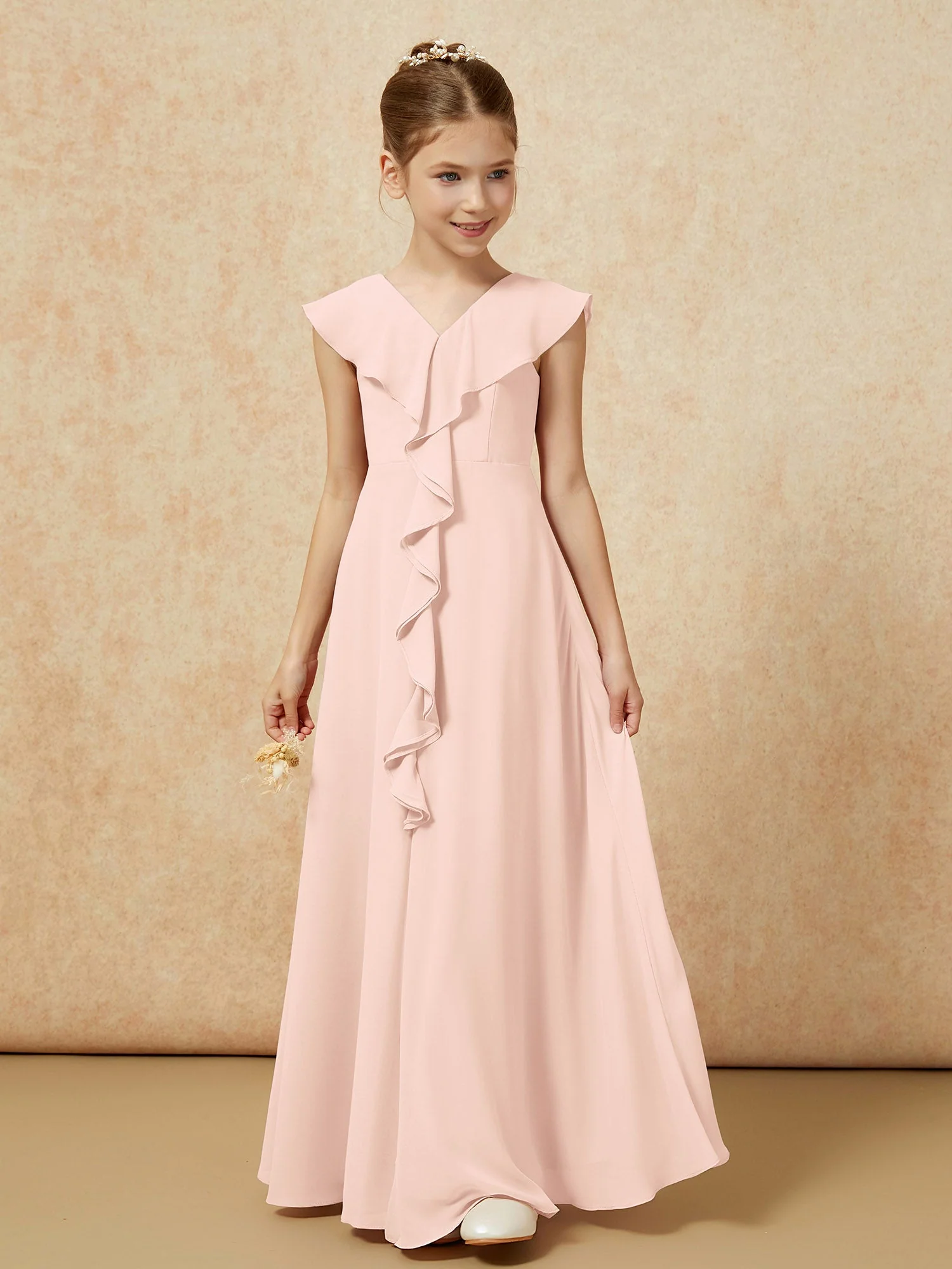 V-Ausschnitt Rüschen Chiffon Junge Brautjungfernkleider mit Schlitz Perlrosa - Image 5
