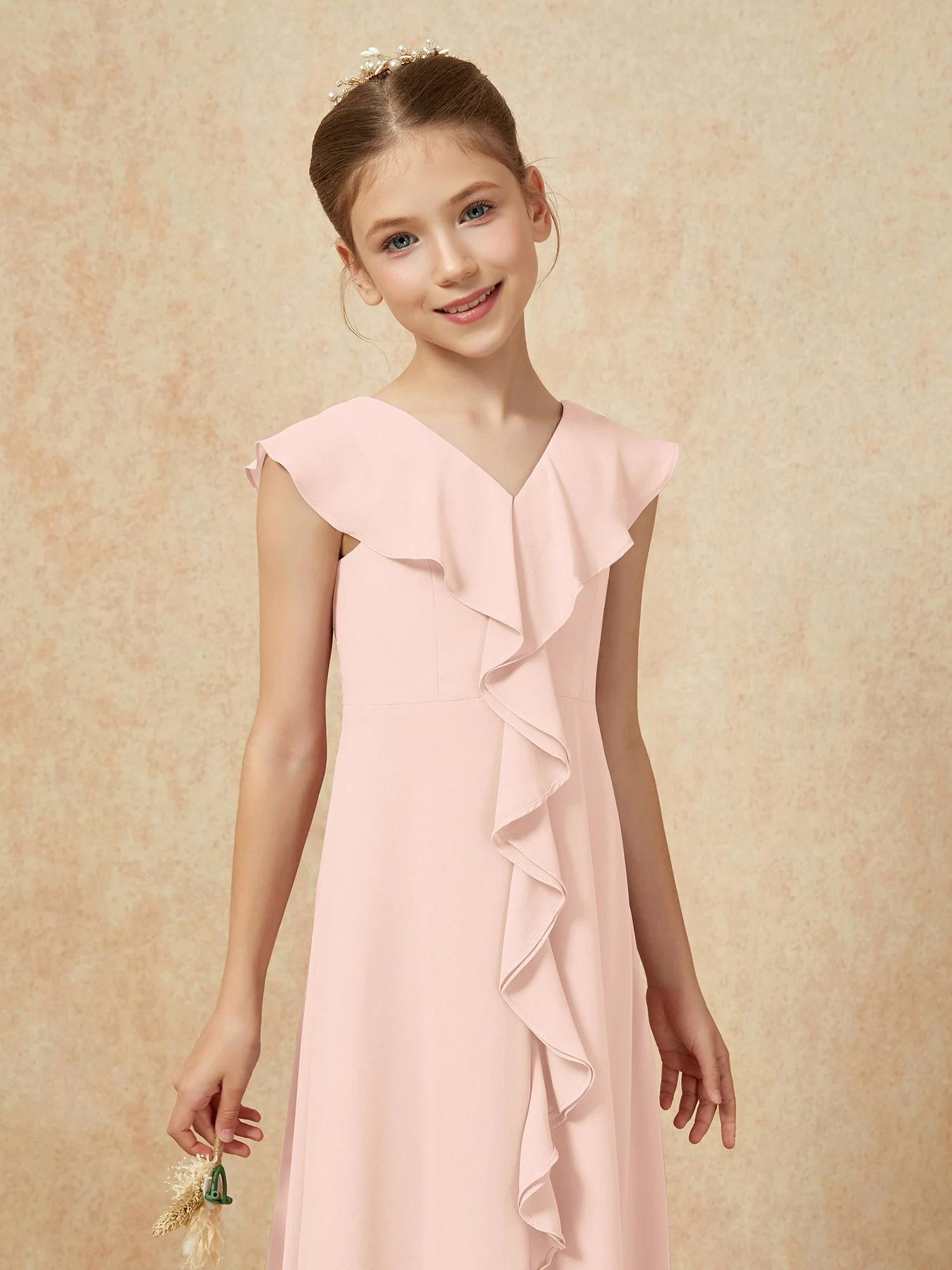 V-Ausschnitt Rüschen Chiffon Junge Brautjungfernkleider mit Schlitz Perlrosa - Image 6