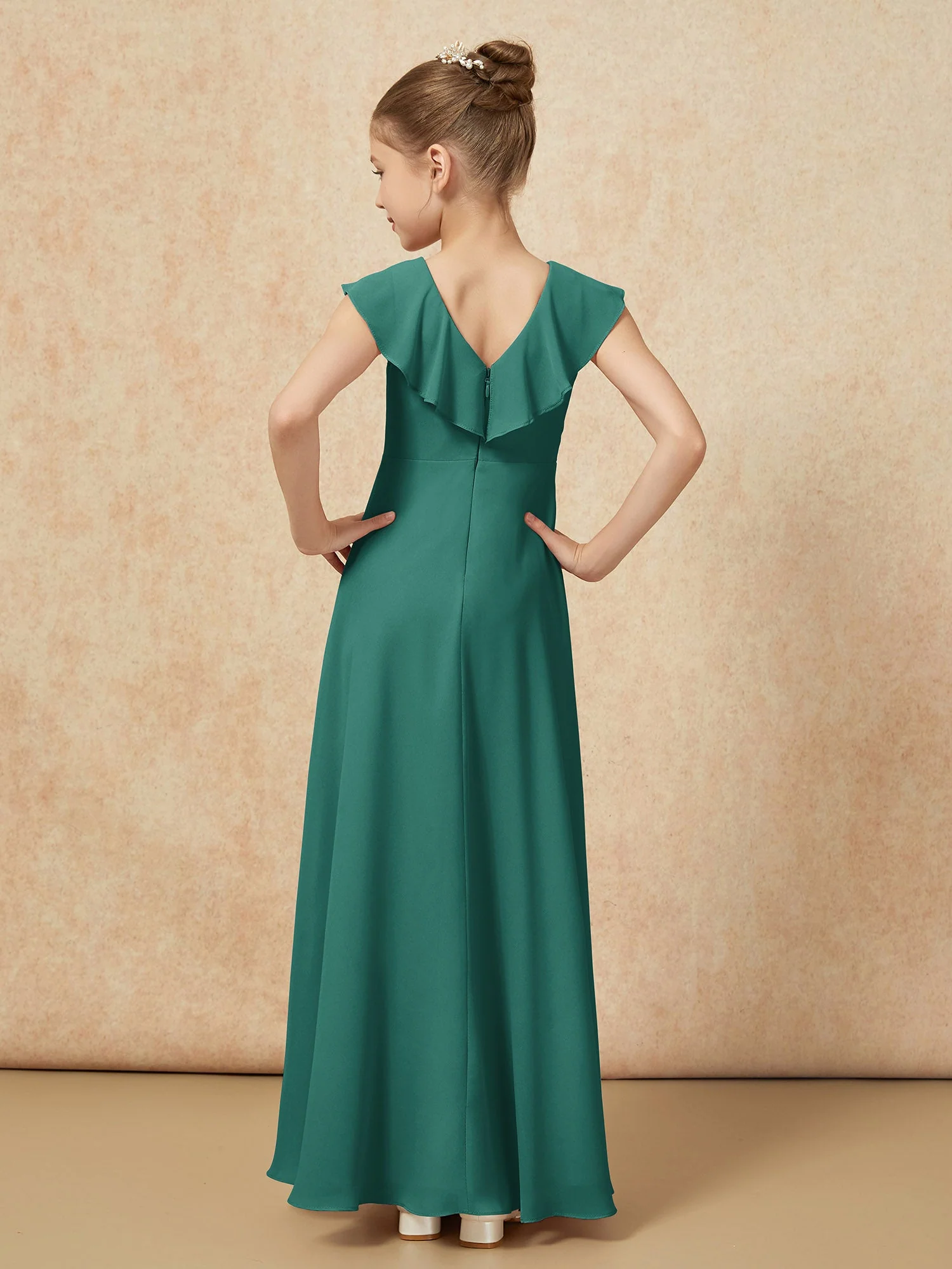 V-Ausschnitt Rüschen Chiffon Junge Brautjungfernkleider mit Schlitz Pfau - Image 2