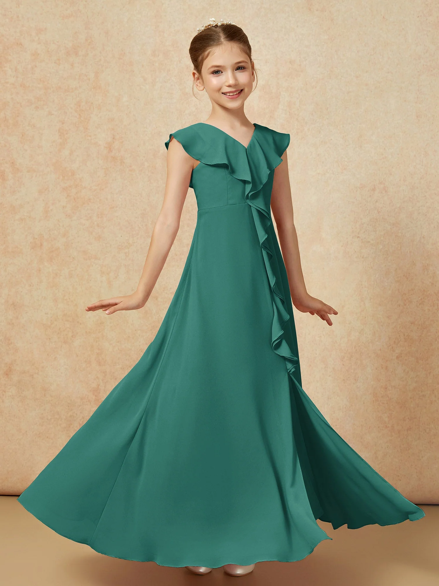 V-Ausschnitt Rüschen Chiffon Junge Brautjungfernkleider mit Schlitz Pfau - Image 3