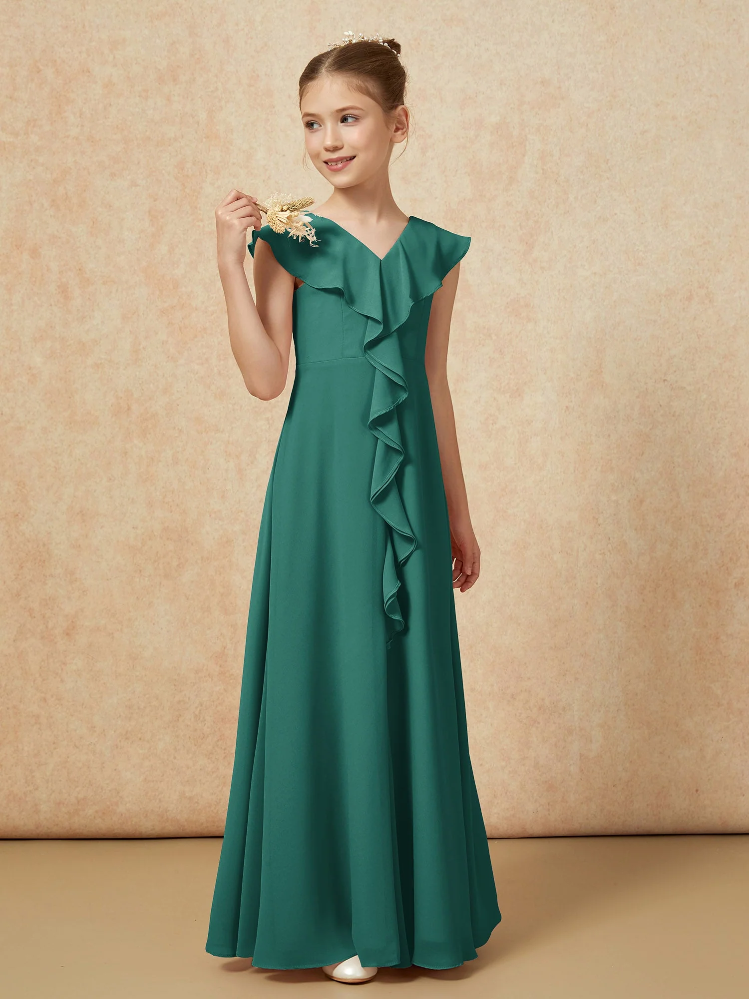 V-Ausschnitt Rüschen Chiffon Junge Brautjungfernkleider mit Schlitz Pfau - Image 4