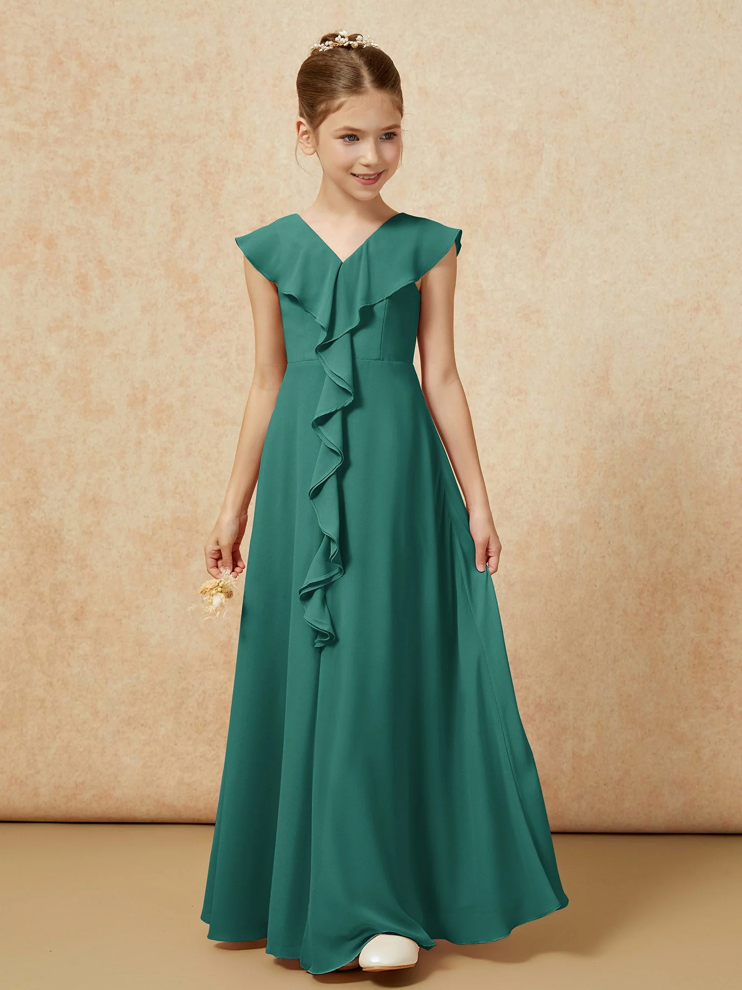 V-Ausschnitt Rüschen Chiffon Junge Brautjungfernkleider mit Schlitz Pfau - Image 5