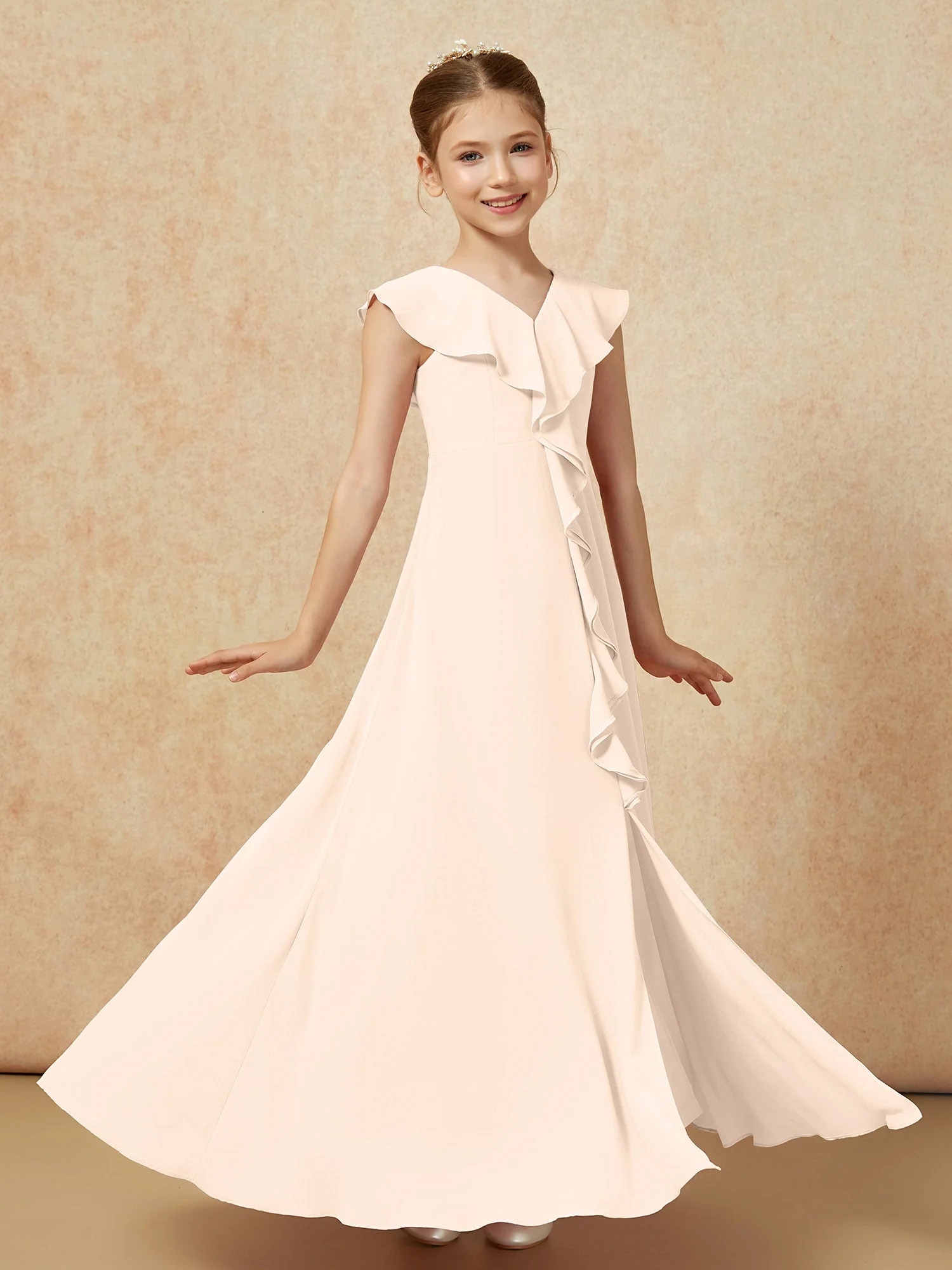 V-Ausschnitt Rüschen Chiffon Junge Brautjungfernkleider mit Schlitz Pfirsich - Image 3