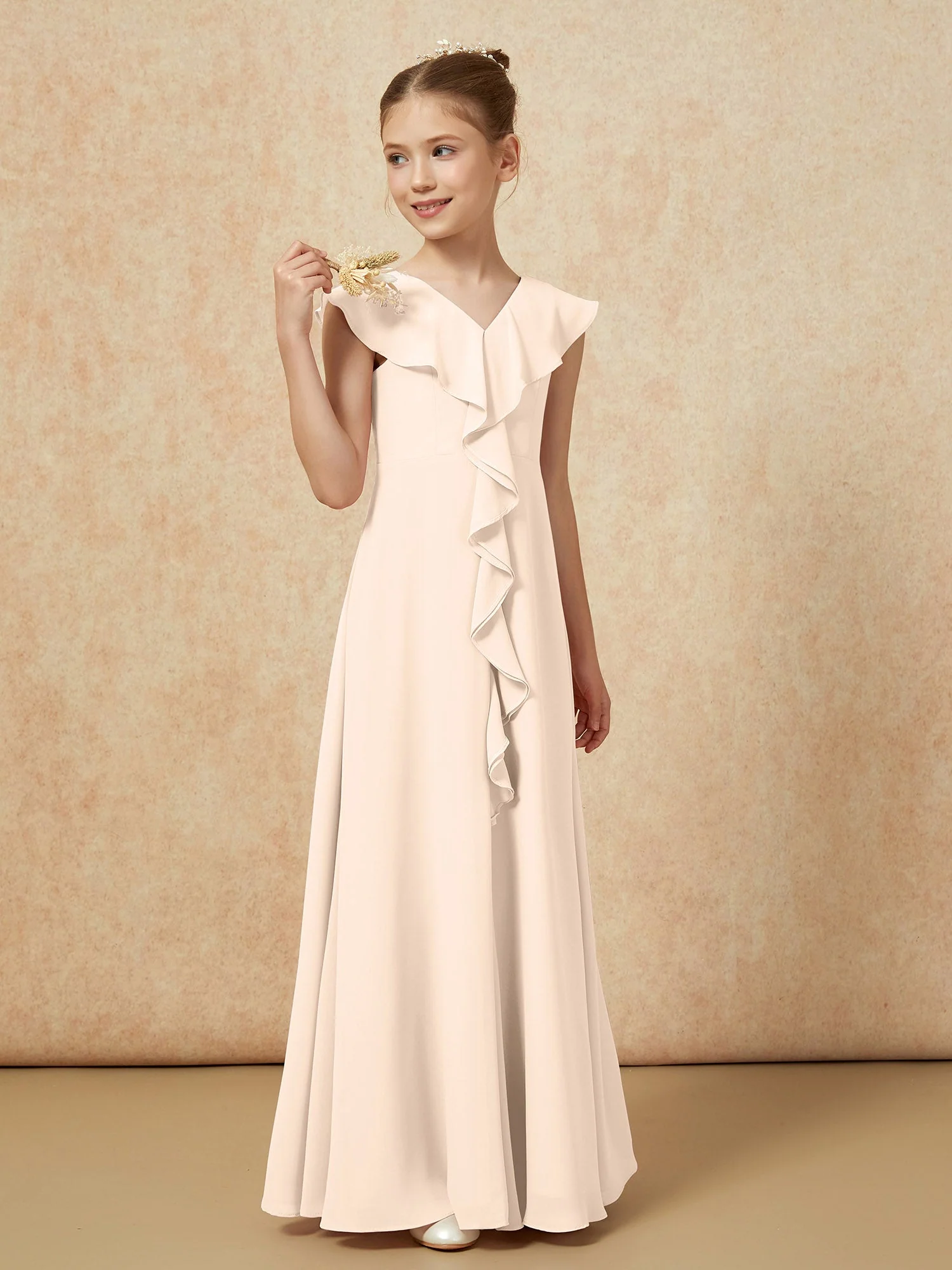 V-Ausschnitt Rüschen Chiffon Junge Brautjungfernkleider mit Schlitz Pfirsich - Image 4