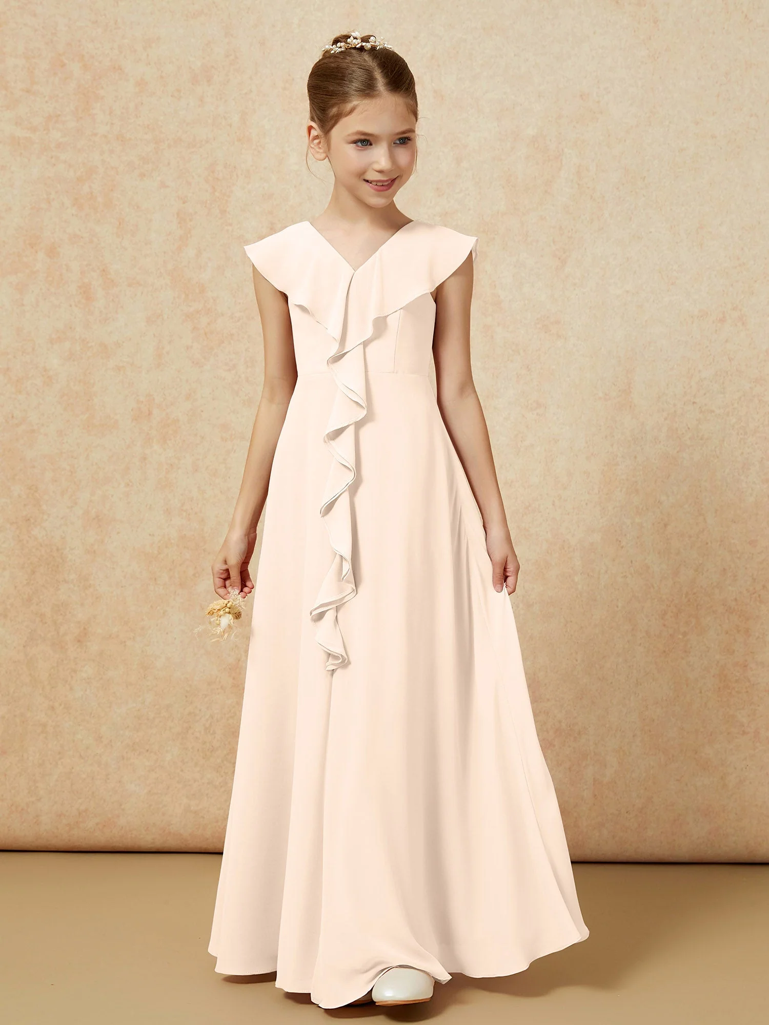 V-Ausschnitt Rüschen Chiffon Junge Brautjungfernkleider mit Schlitz Pfirsich - Image 5