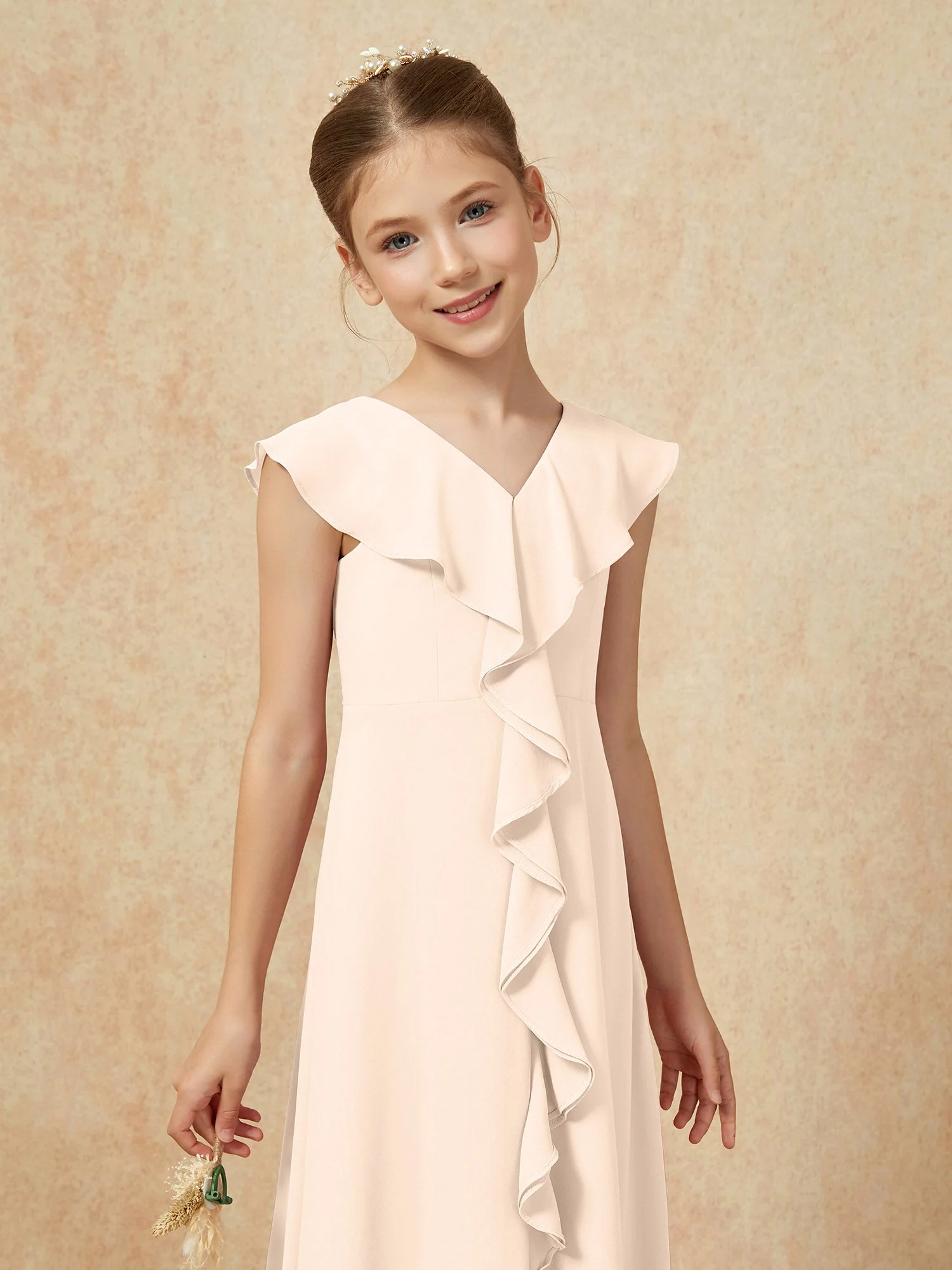 V-Ausschnitt Rüschen Chiffon Junge Brautjungfernkleider mit Schlitz Pfirsich - Image 6