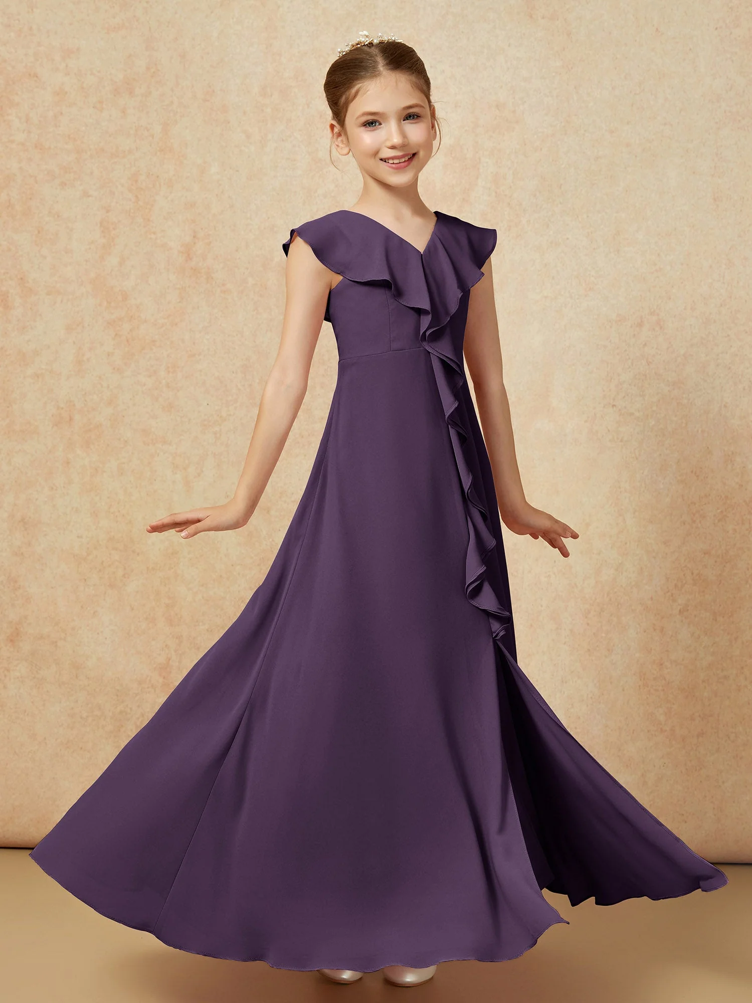 V-Ausschnitt Rüschen Chiffon Junge Brautjungfernkleider mit Schlitz Plum - Image 3